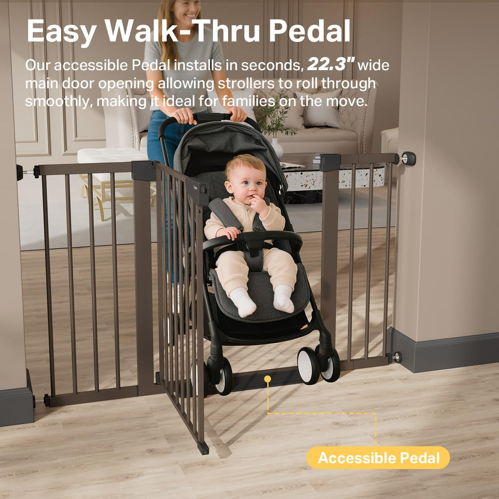 Cumbor-brown-finish-gate-in-use pairs with decor while containing pets.