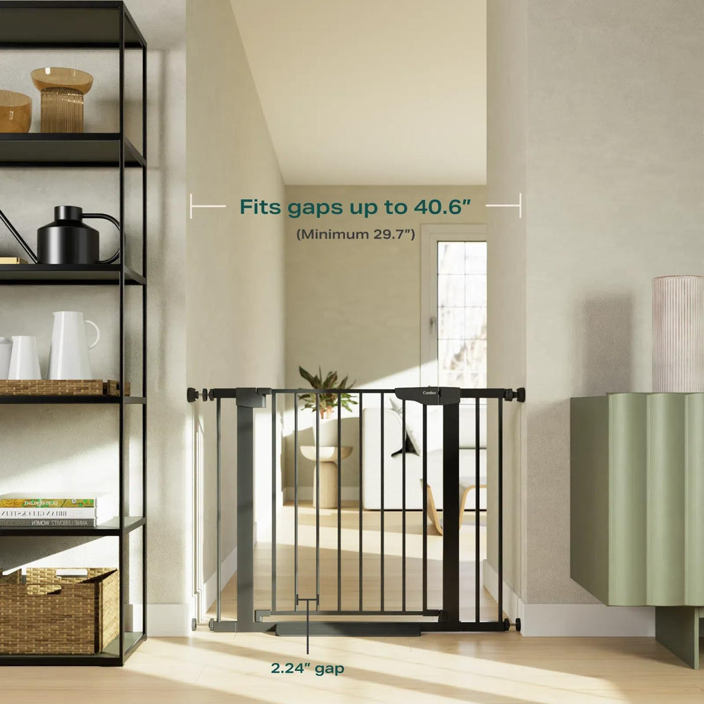 Cumbor dog gate in doorway use highlights pet-friendly barrier for indoor spaces.
