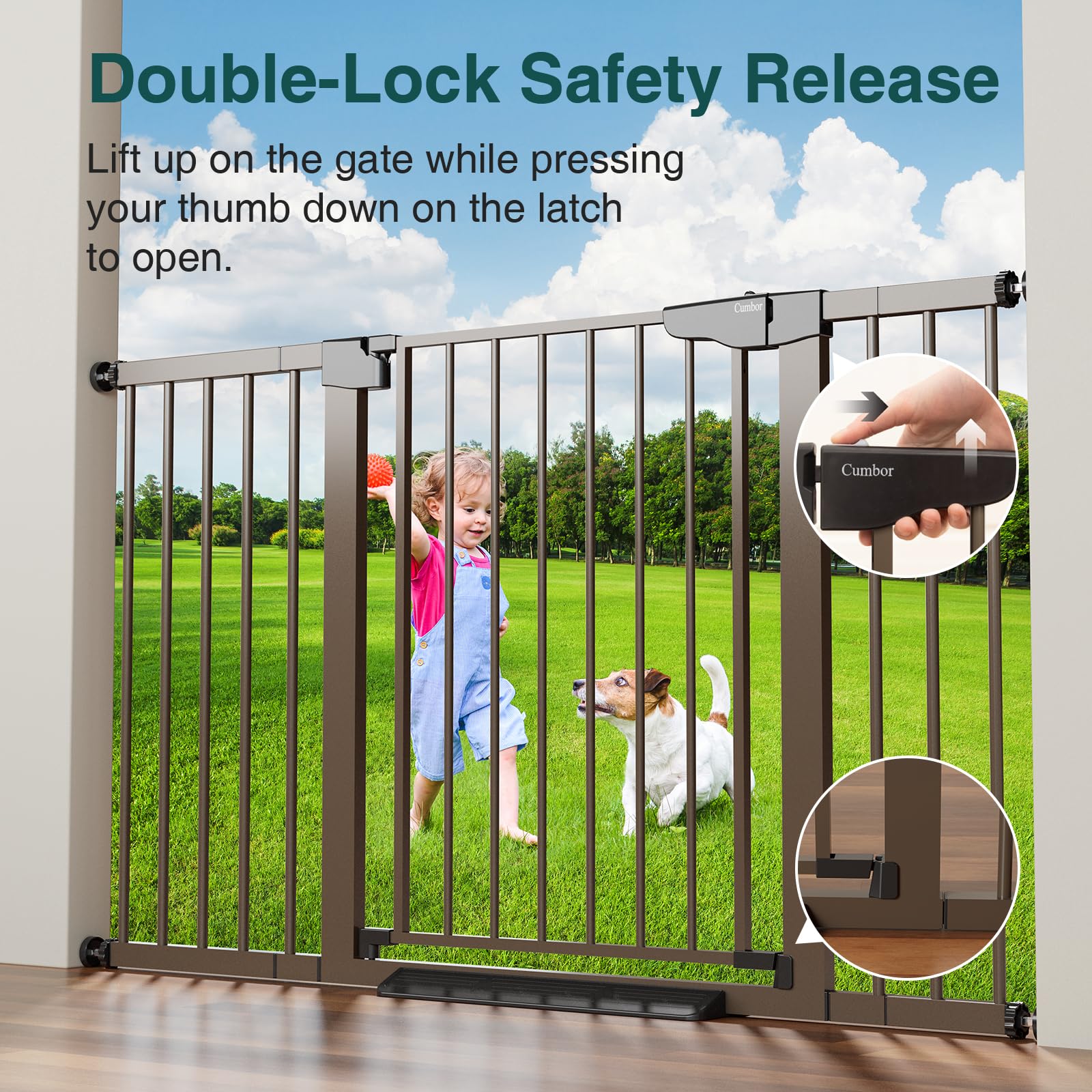 Cumbor dog gate easy walk-through highlights seamless passage in busy homes.