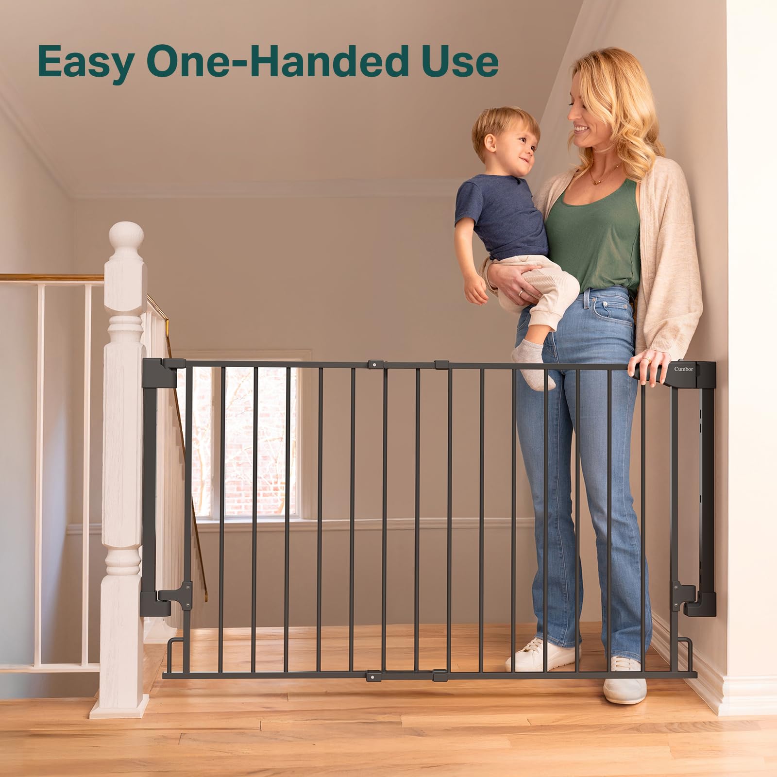 Cumbor Expandable Gate 28-inch tall profile blocks climbing in most rooms.