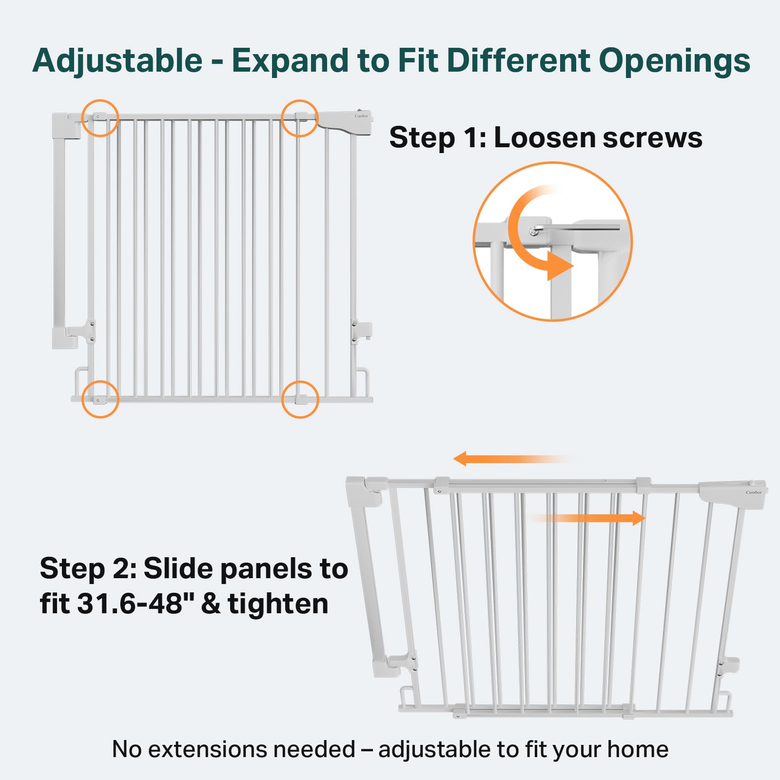 Cumbor Expandable Gate with no bottom bar enables easy walk-through in busy homes
