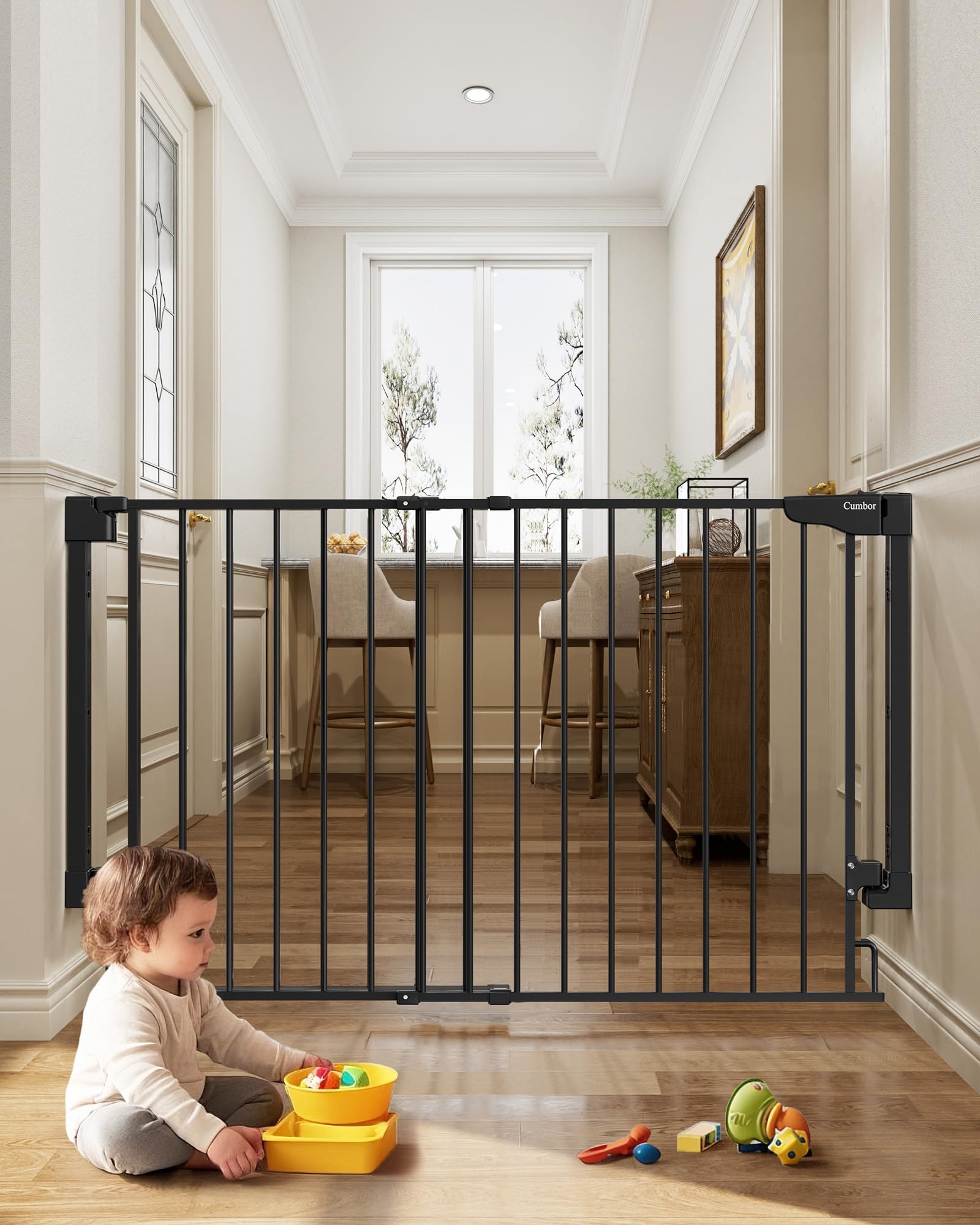 Cumbor Expandable Gate wall-mount installation shows sturdy anchoring for stair safety.