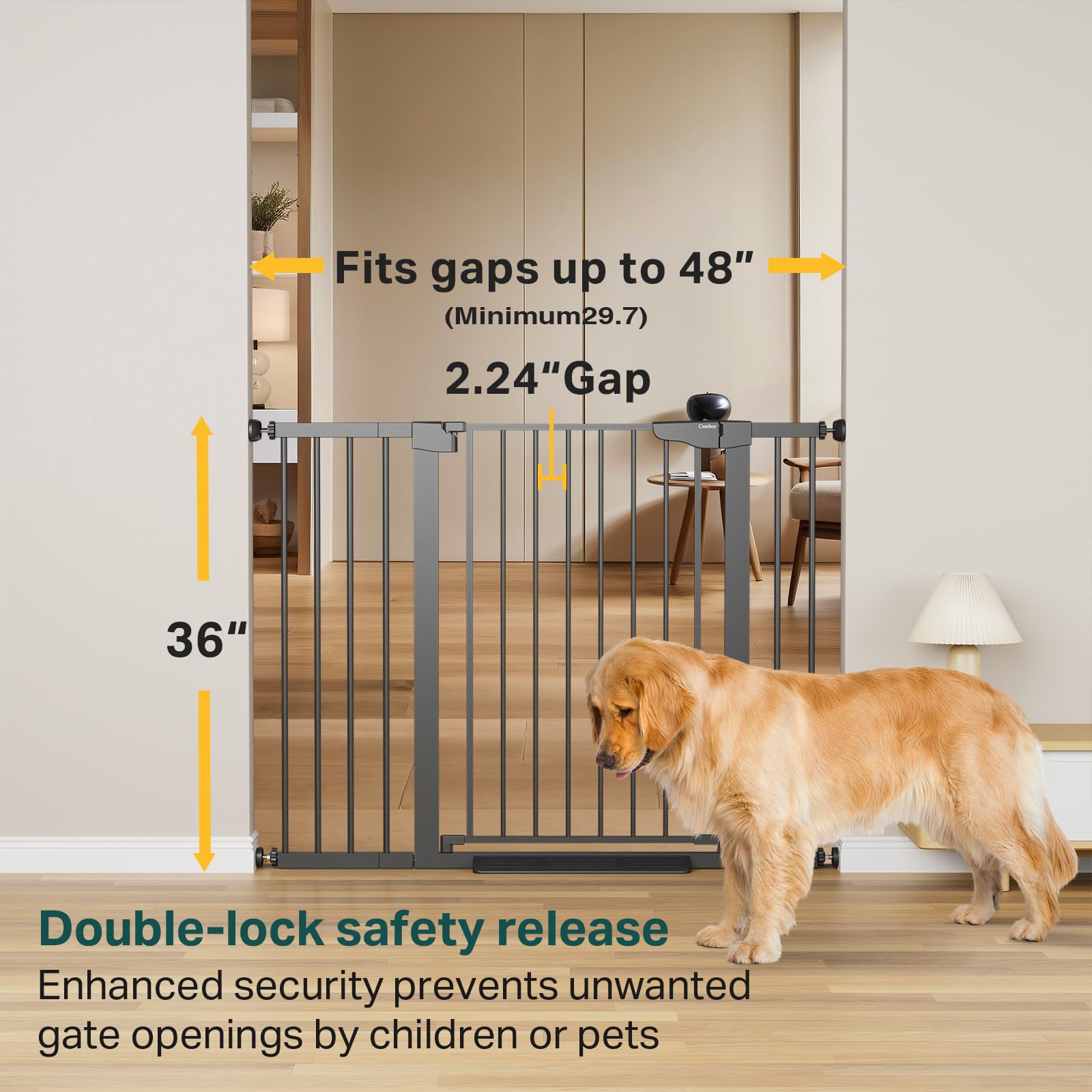 Cumbor gate with extended width 29-48 inch adapts to wide doorways and entries.
