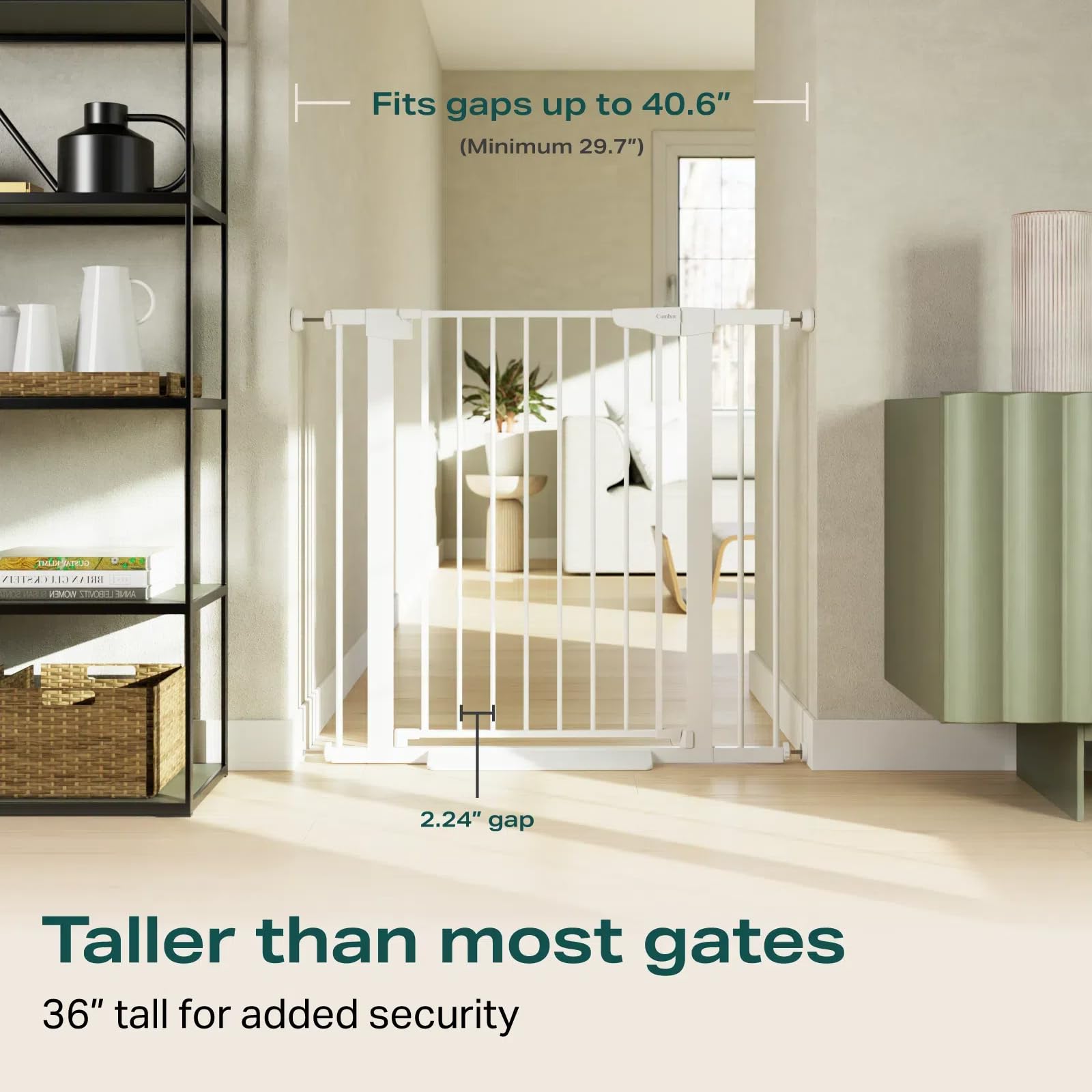 Cumbor extended-width gate with extensions shows adjustable 29.7–40.6 inches for flexible spaces.
