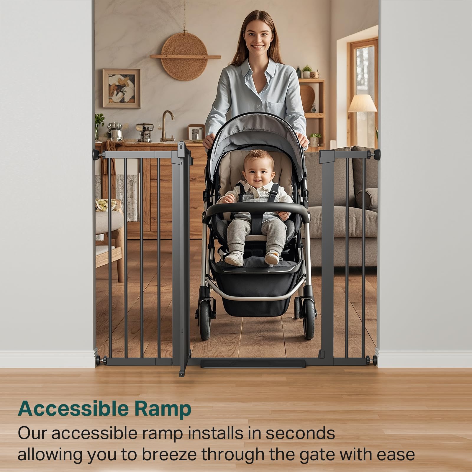 Cumbor gate in use keeps pets and kids safely contained in stairs and doorways.