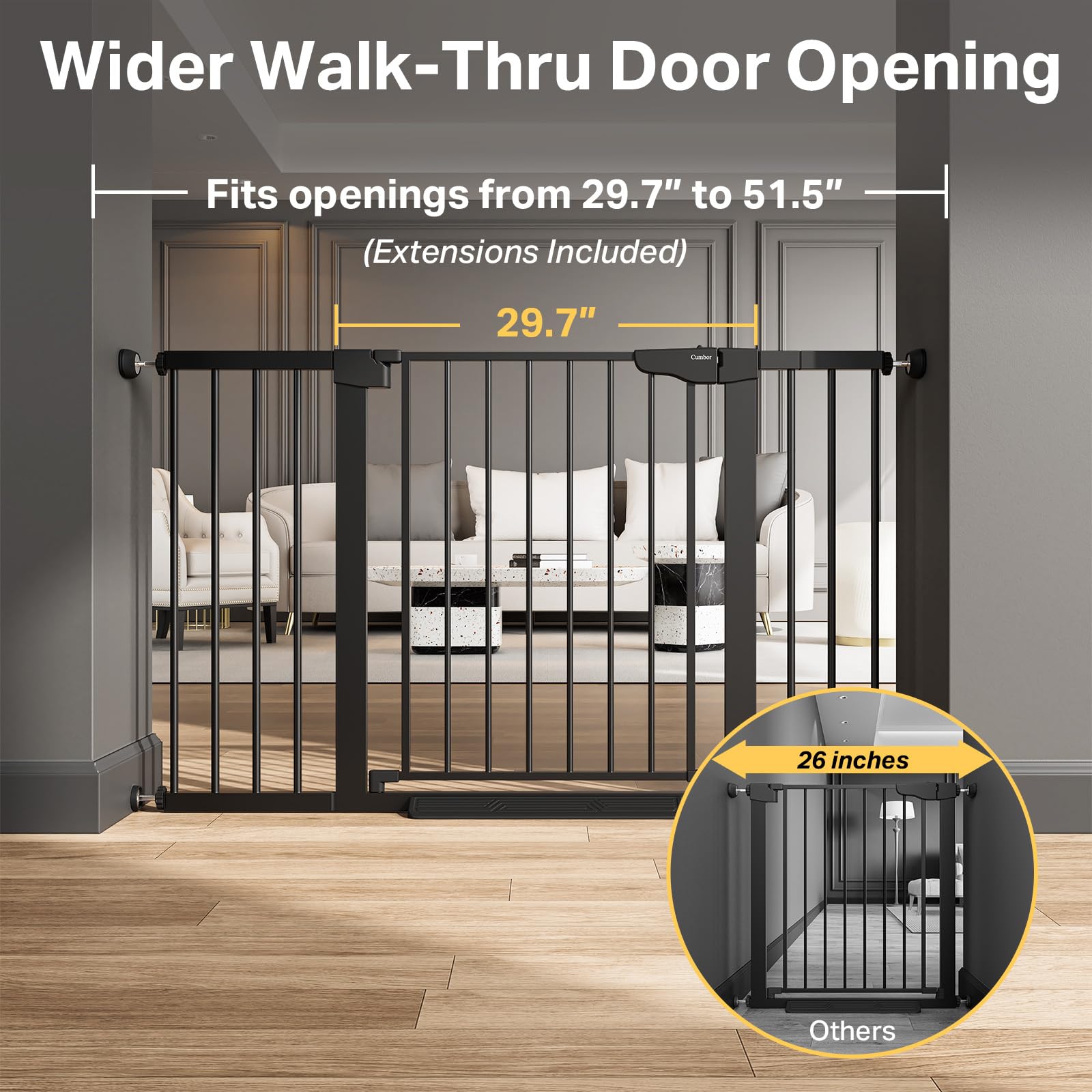 Cumbor gate walk-through door provides easy access for strollers and daily traffic.