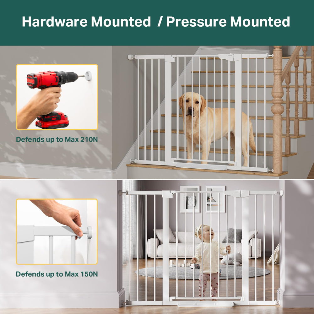 Cumbor wall cups and baseboard clips stabilize the gate in tricky spaces.