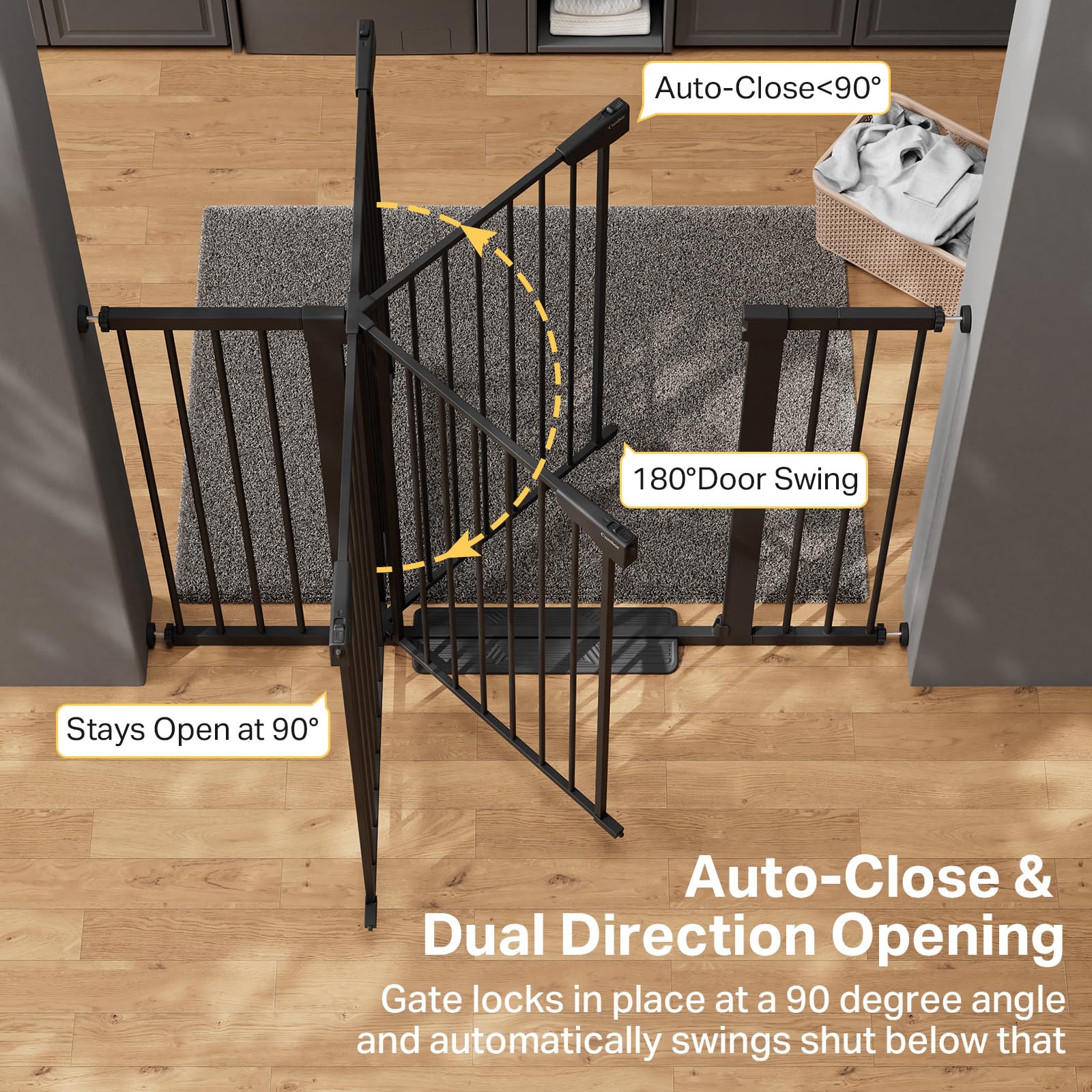 Cumbor hardware-mount option adds stair-top security for tall openings.