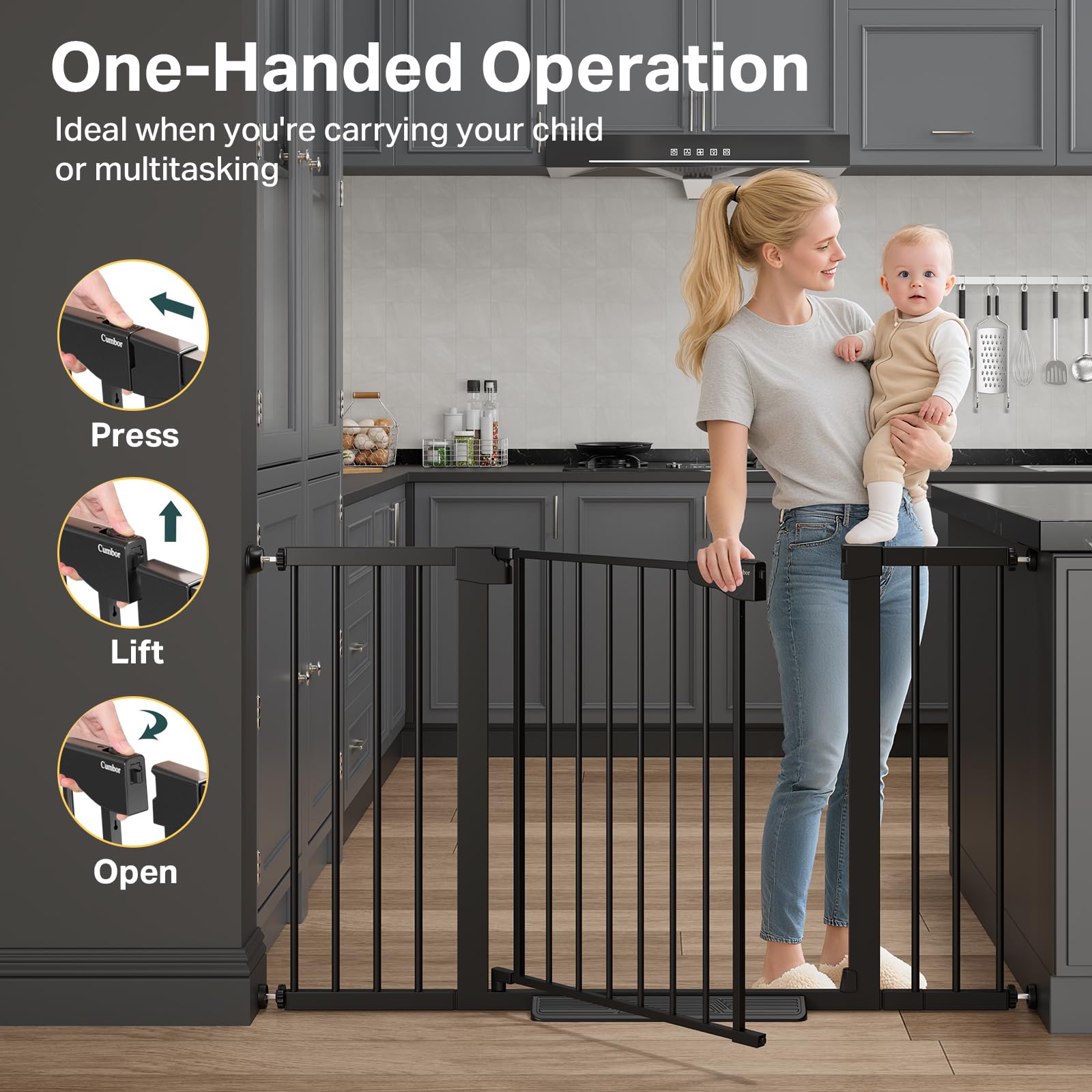 Cumbor pet-safe gate keeps dogs and kids separated during busy days.