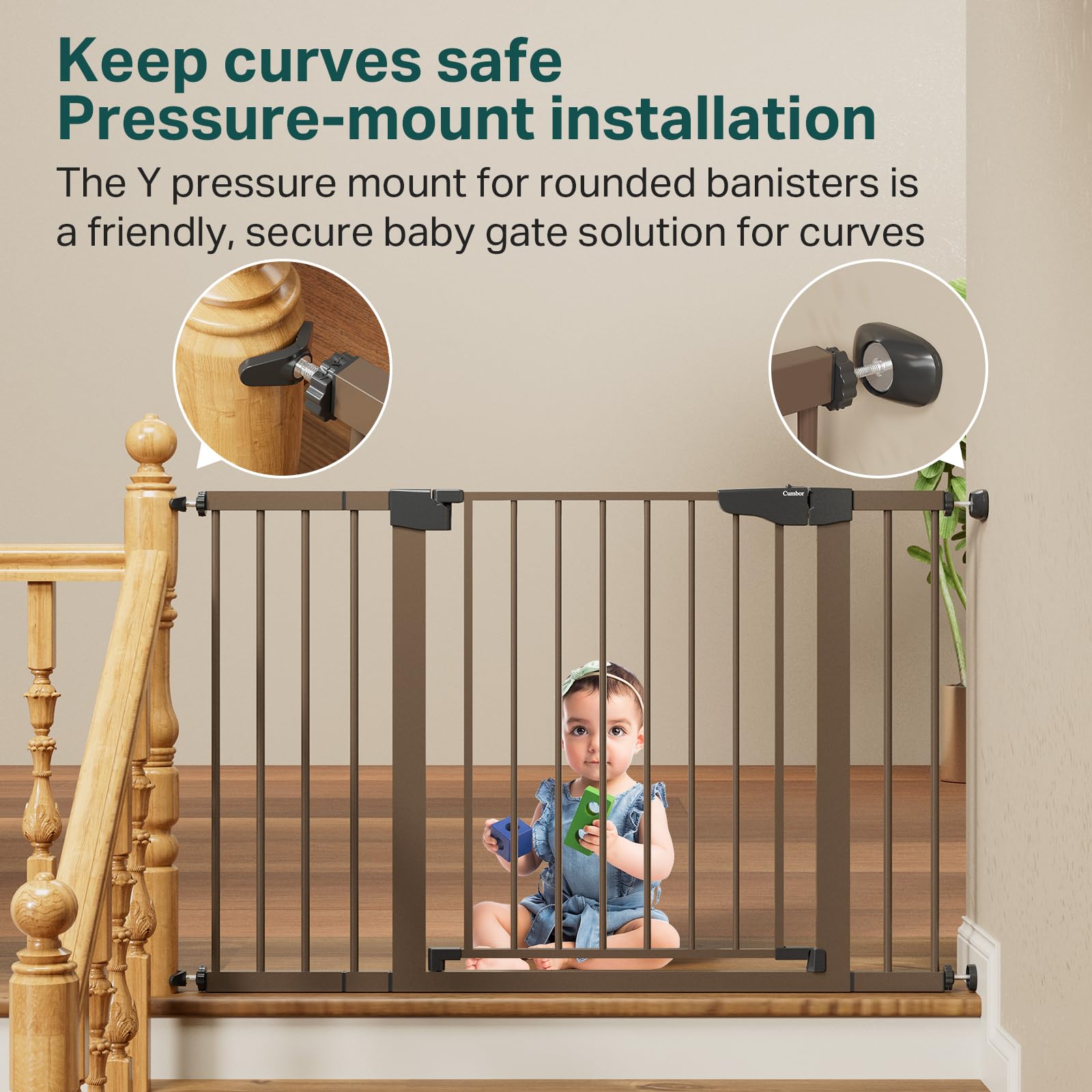 Cumbor pressure-mount gate installs tool-free in doorways.