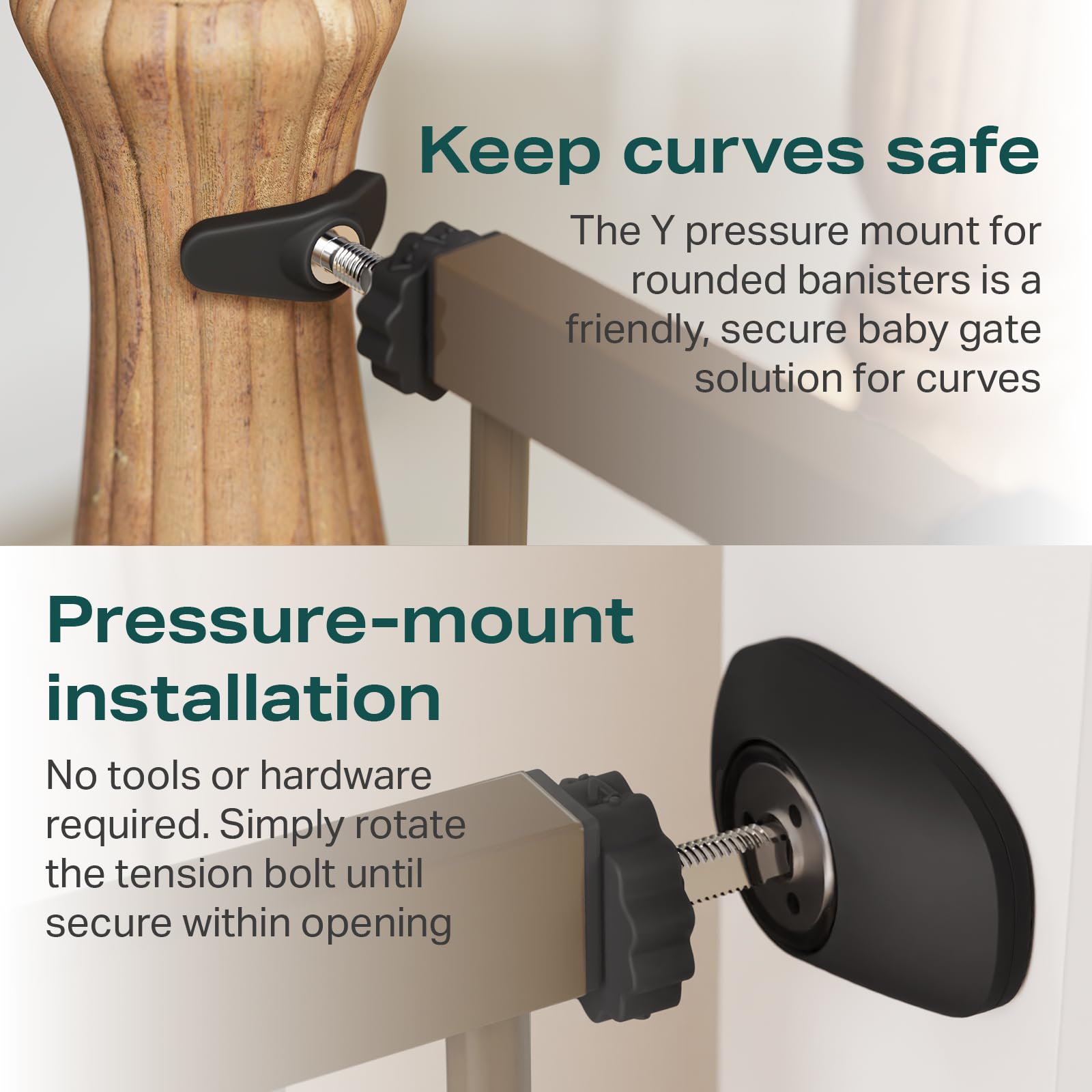 Cumbor pressure-mounted easy-install gate demonstrates quick setup without drilling.