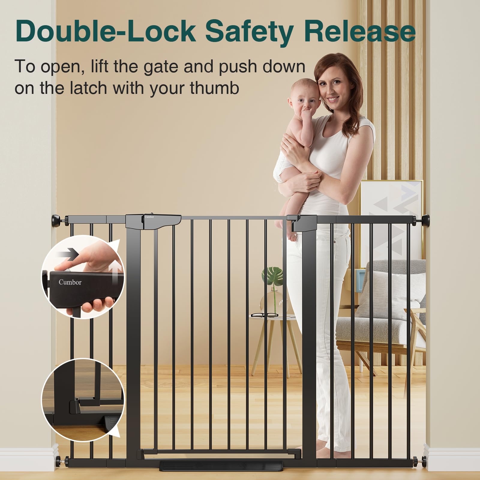 Cumbor pressure-mounted gate installs easily without wall damage.