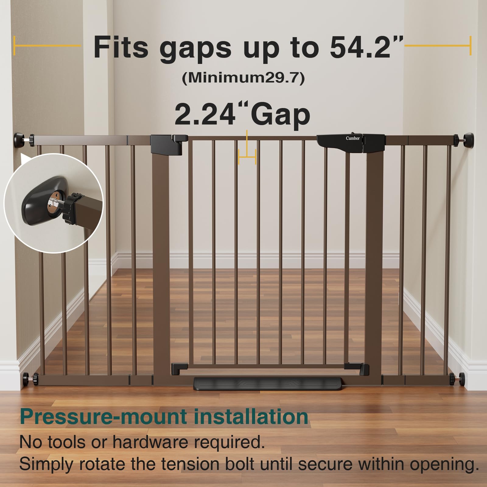 Cumbor pressure-mounted installation shows easy, surface-friendly setup for doorways and hallways.