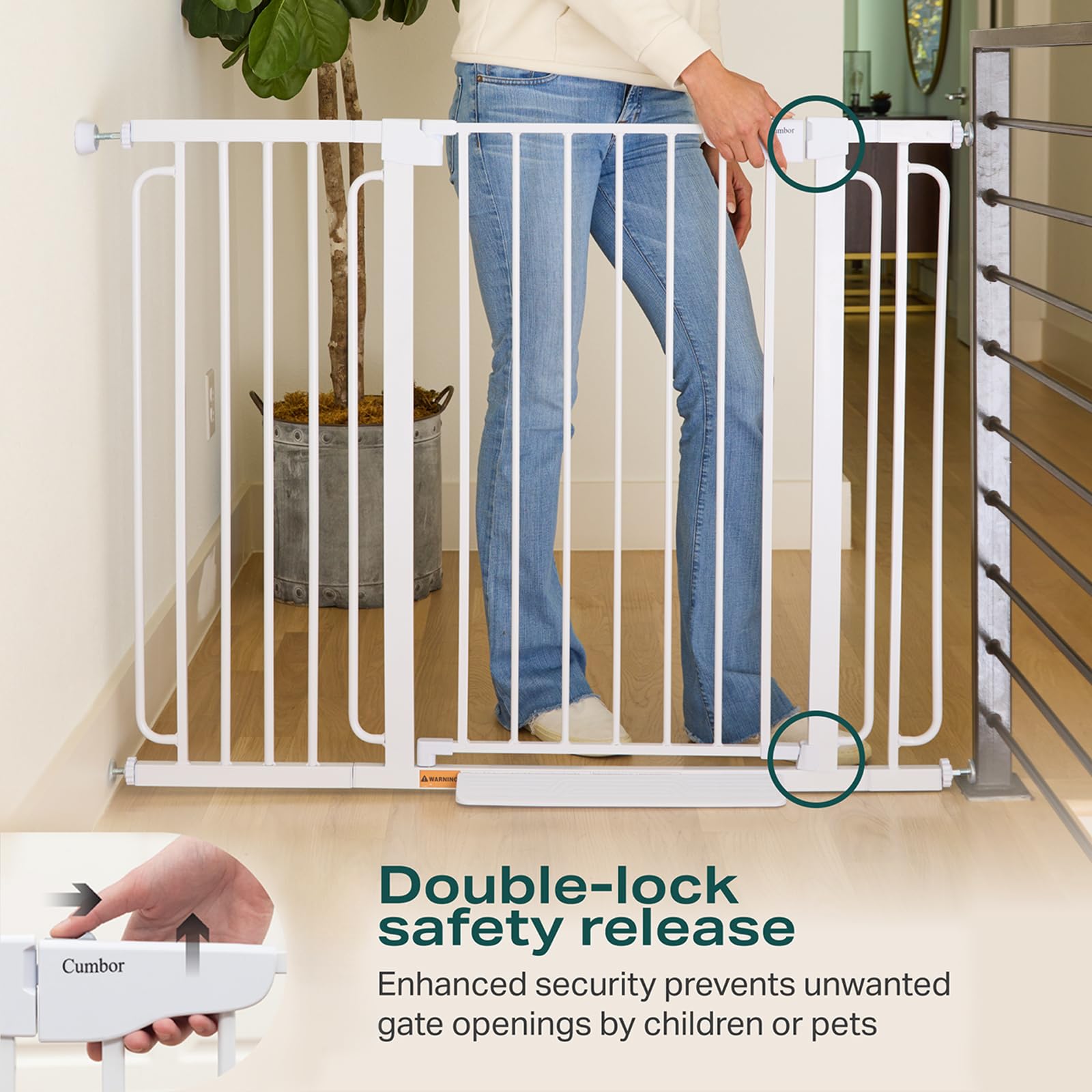 Cumbor pressure-mounted installation protects walls while creating a quick barrier.