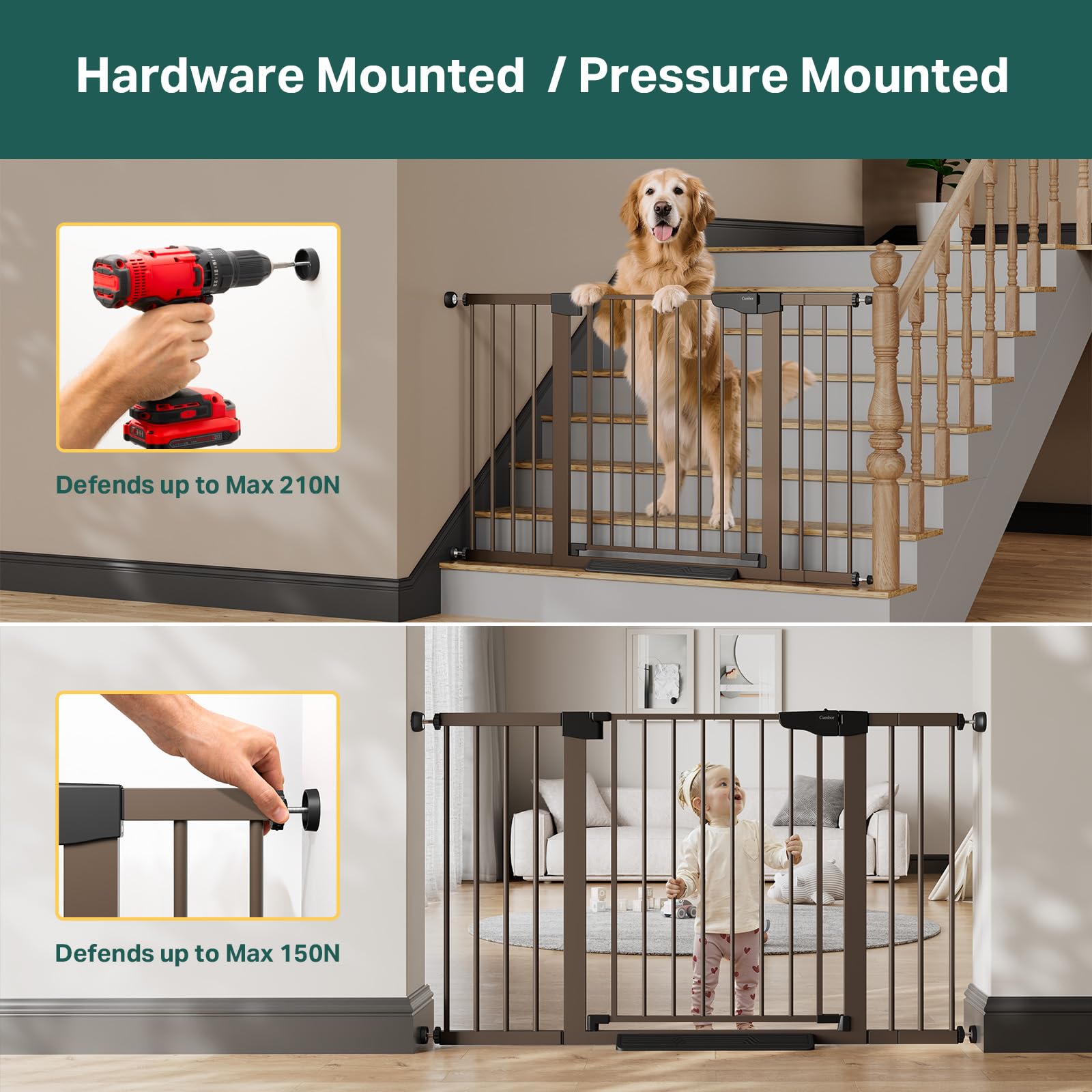 Cumbor-round-stair-rail-attachments enable stable fit on curved railings.