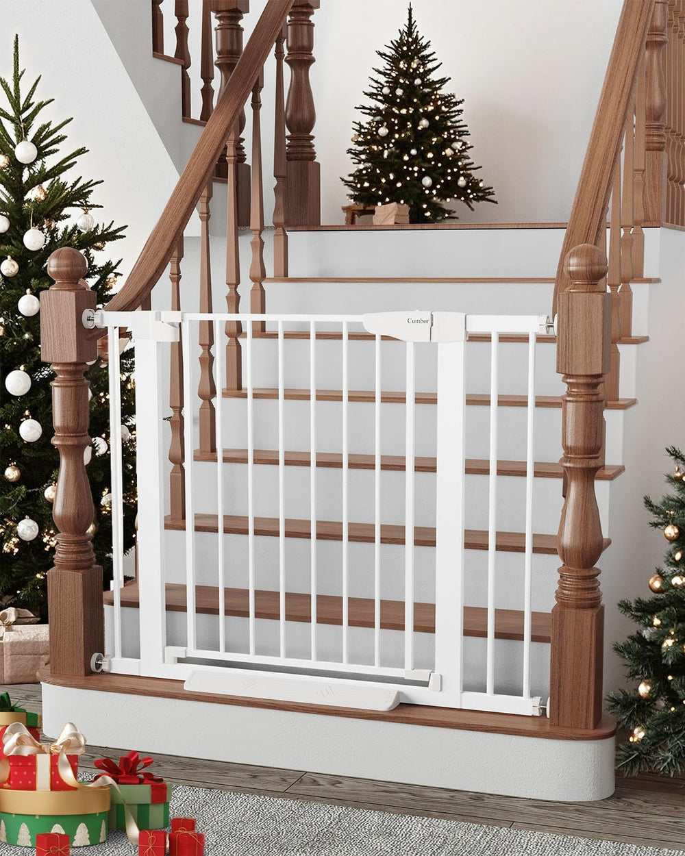Cumbor stairs baby gate closeup shows dual-lock safety and white finish