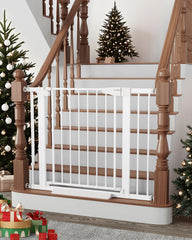 Cumbor stairs baby gate closeup shows dual-lock safety and white finish
