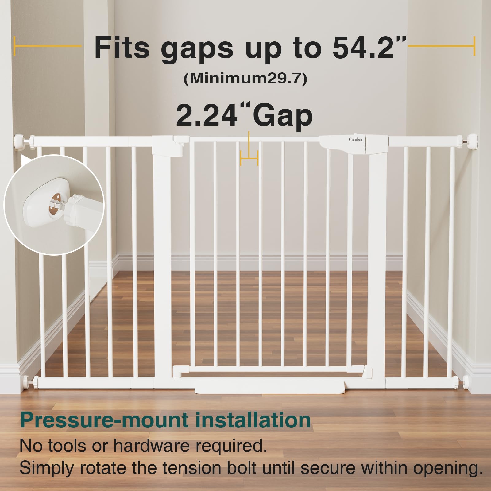 Cumbor wide-opening gate fits 29-7 to 54-2 inch openings.