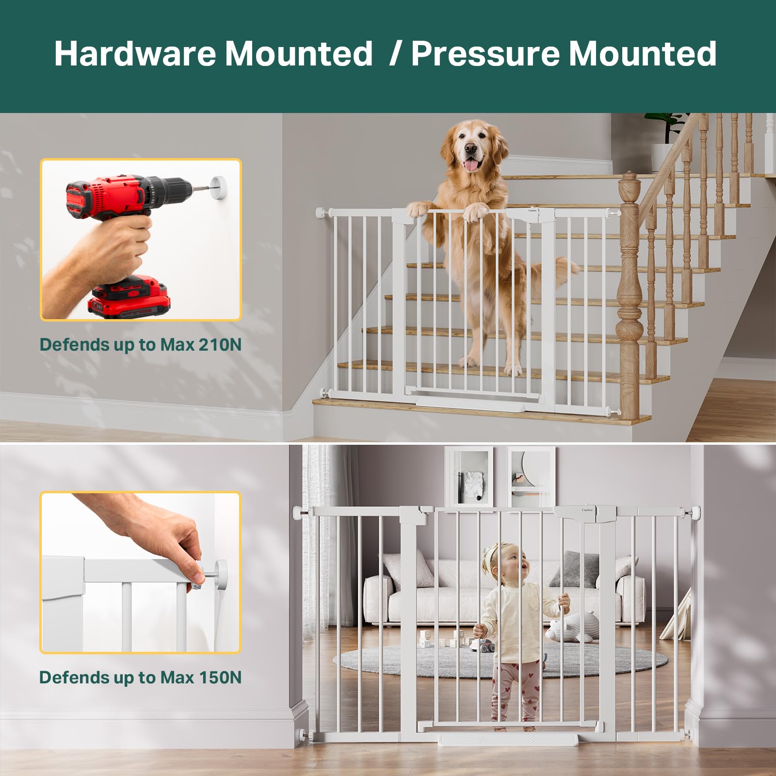 Cumbor Y-shaped bolts and wall cups stabilize gates on surfaces.