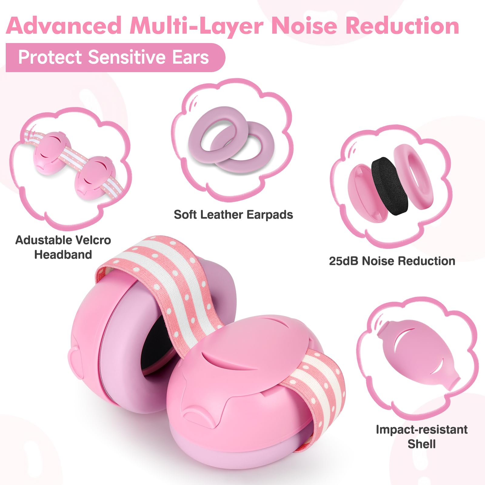Cumunebula baby ear muffs side profile shows adjustable headband for growing heads.