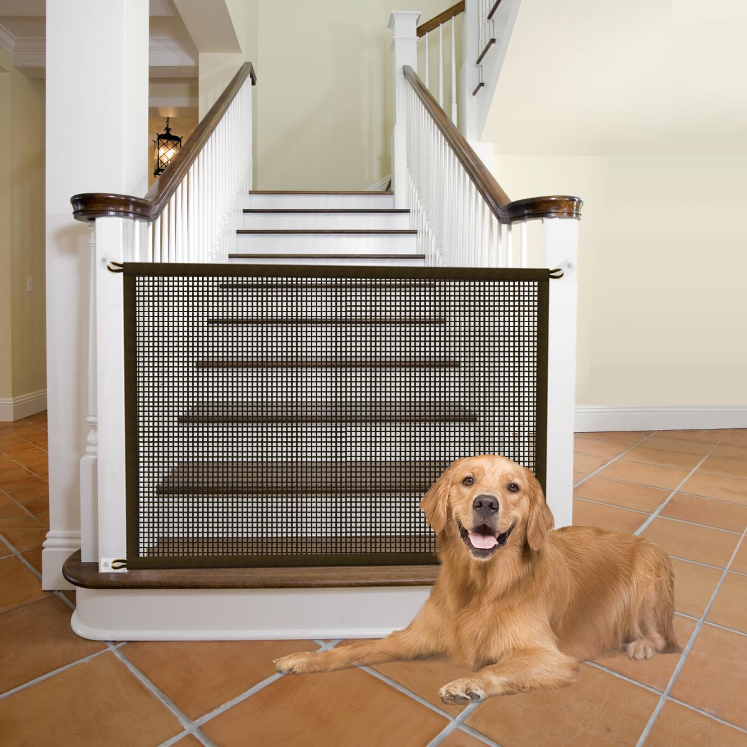 Cupount Baby Gate brown mesh view of stairs keeps pets contained with clear sight lines.