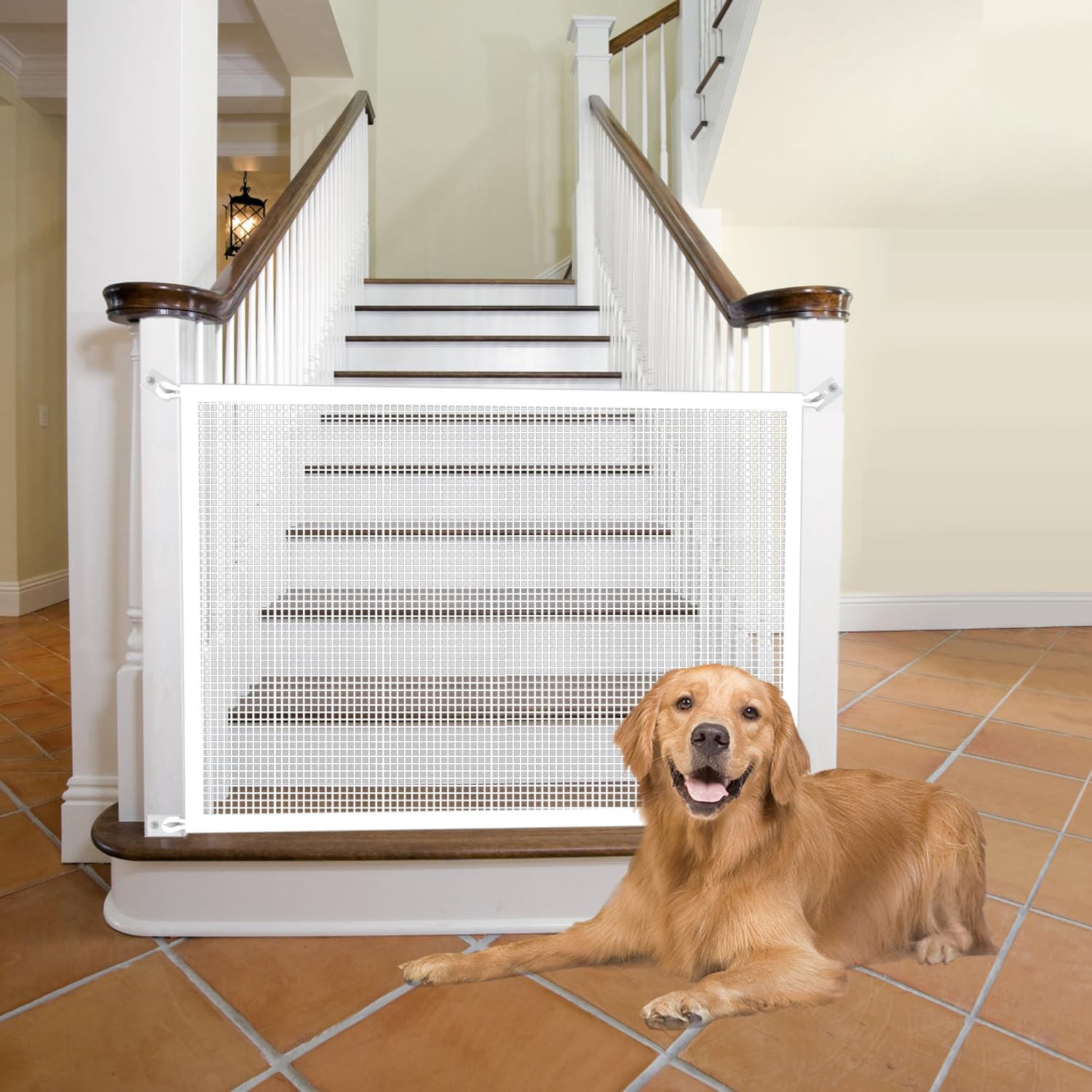 Cupount baby gate mesh on stairs shows clear view while creating a safe barrier