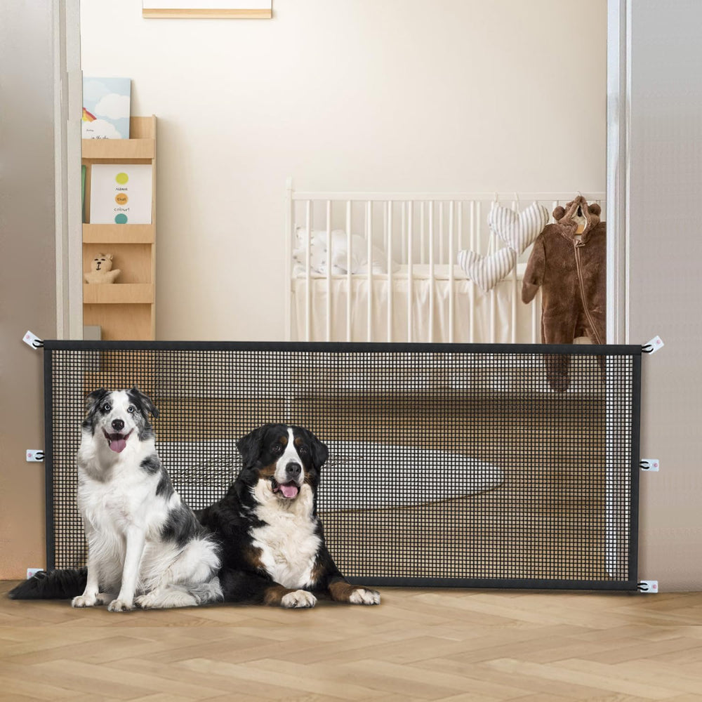 Cupount dog gate in-use doorway near kitchen keeps pets in restricted areas.