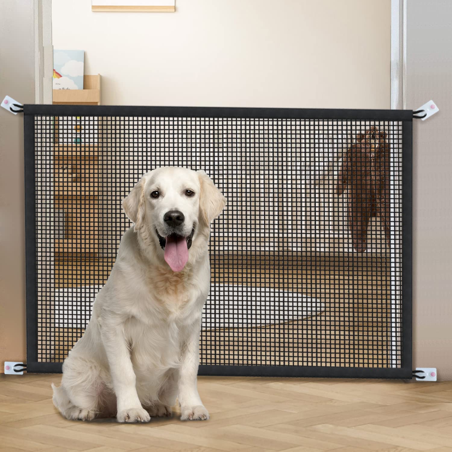 Cupount dog gate tensile-fiber material closeup highlights durable construction.