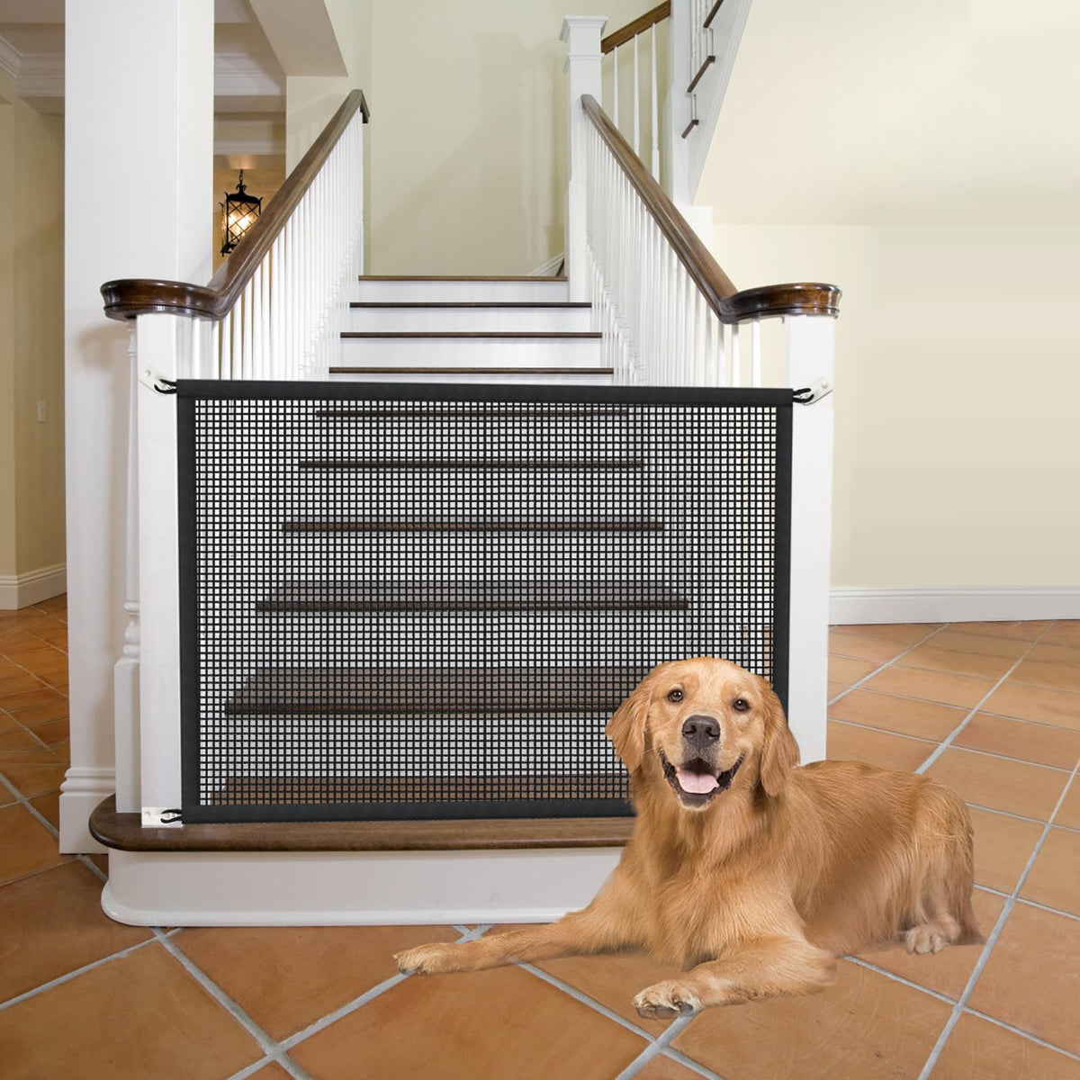 Cupount dog gate in stairs mesh doorway showing secure containment for curious pups.