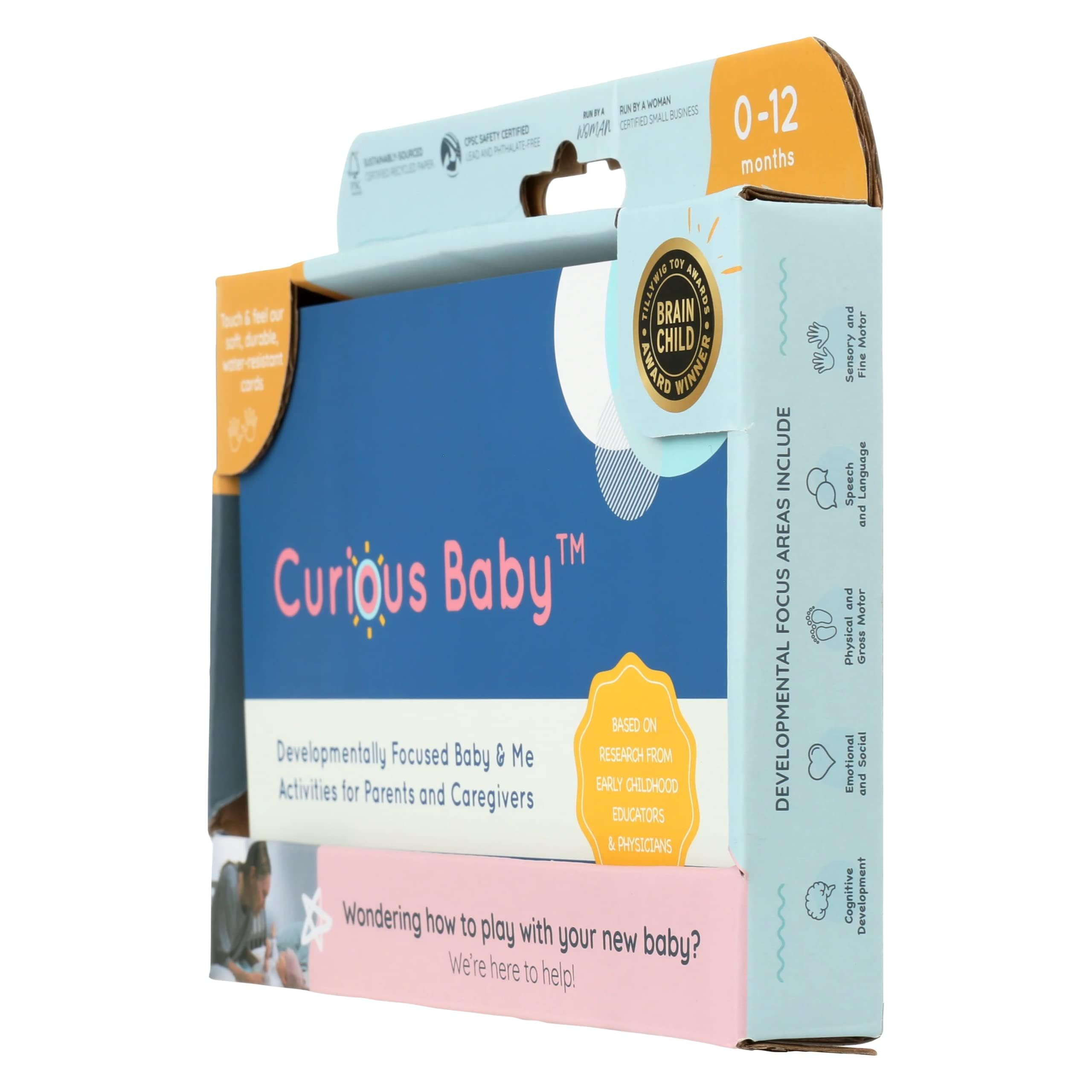 Curious Baby card stock with protective coating offers durable, premium feel.