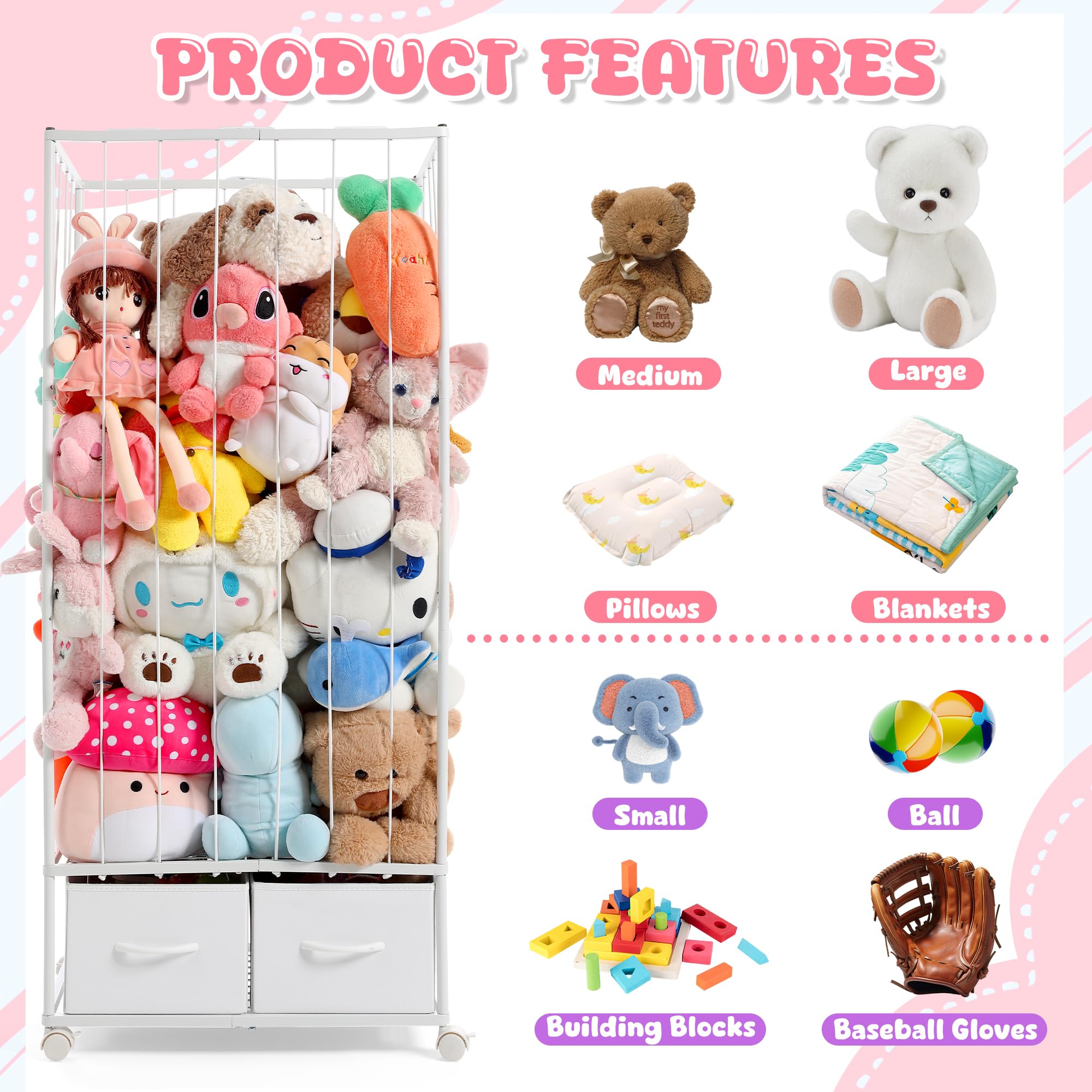 Curleis stuffed animal storage front display highlights large capacity for plush collections