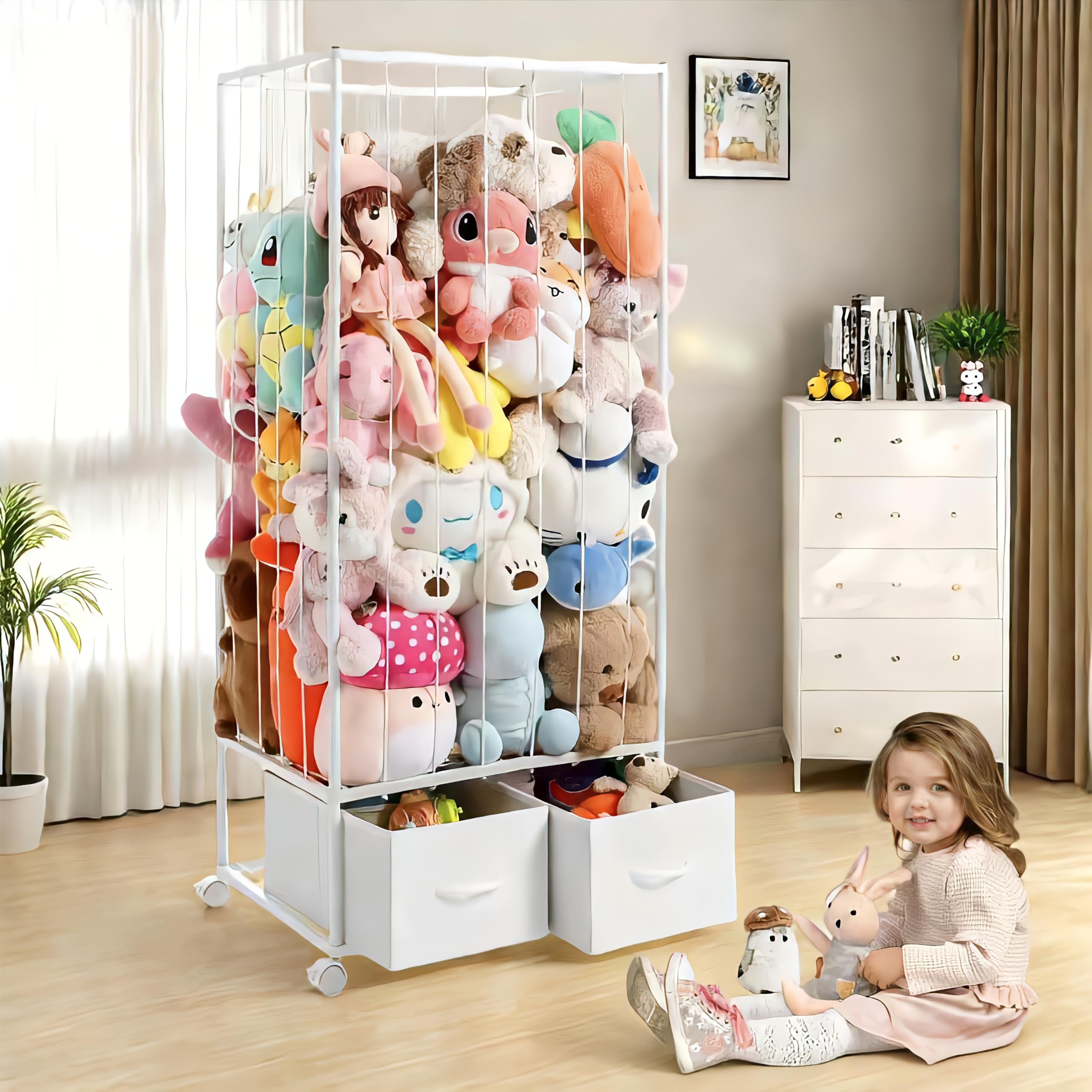 Curleis stuffed animal storage tower side view shows sturdy metal frame for organization