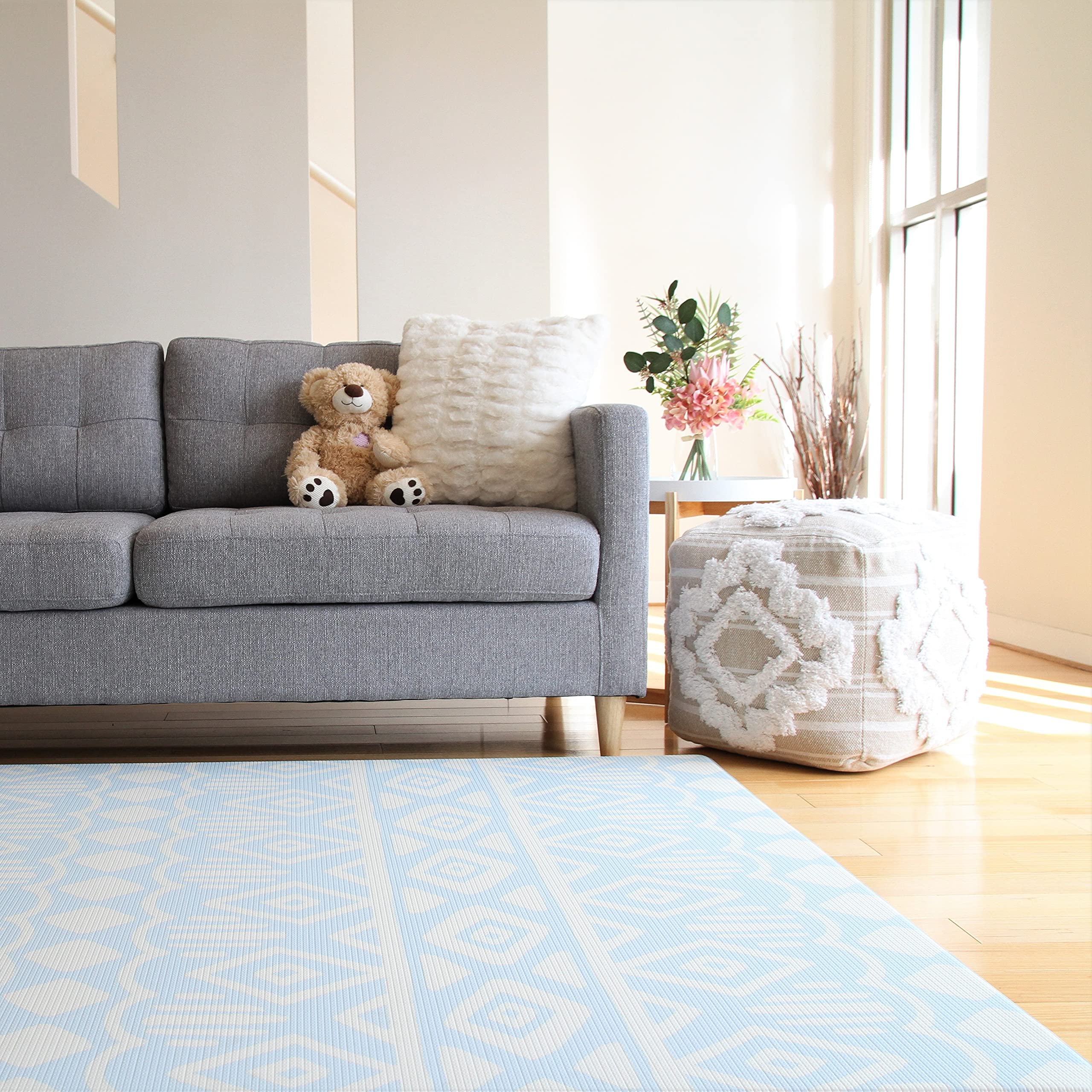 Cushmat crystals blue-charcoal mat rolled for easy storage after play
