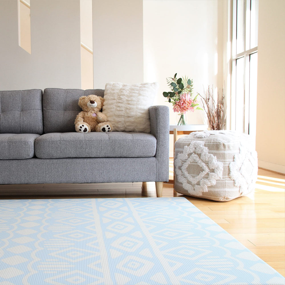 Cushmat crystals blue-charcoal mat rolled for easy storage after play