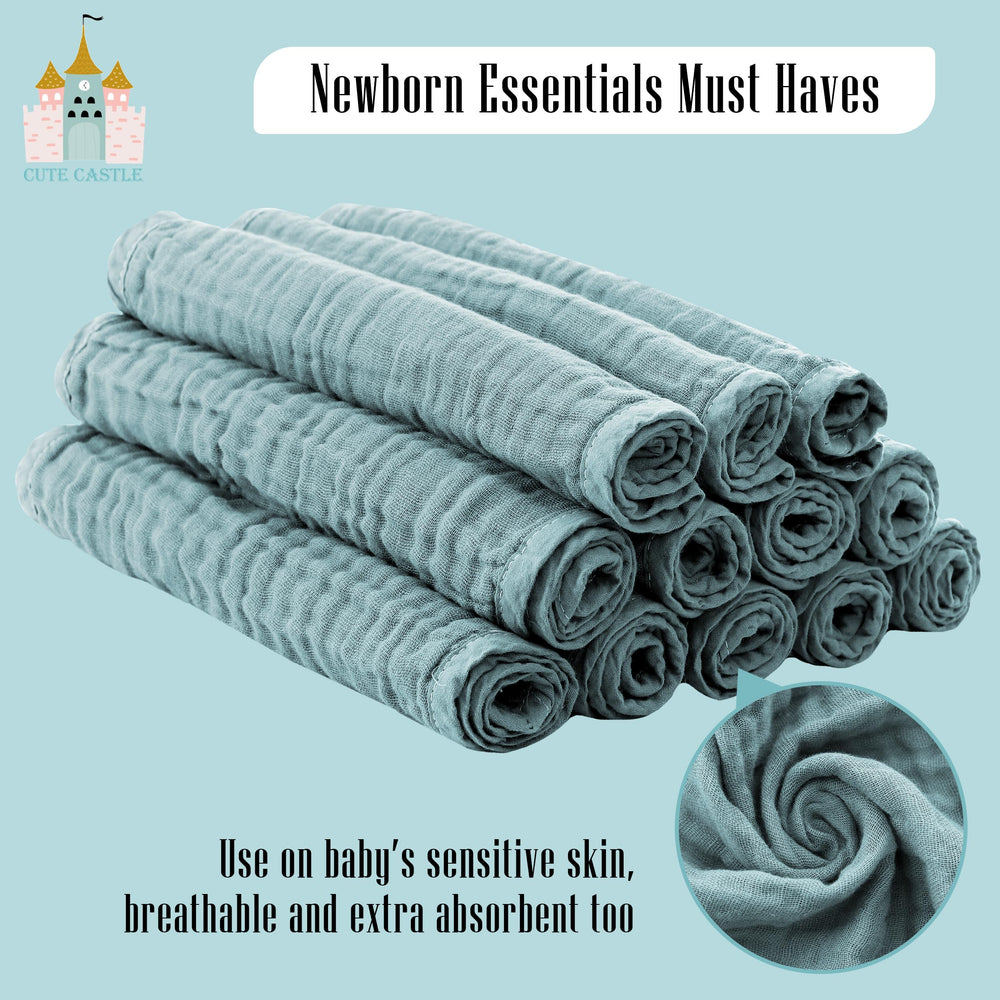 Cute Castle baby-feeding burp cloth in use protects clothing during burping.