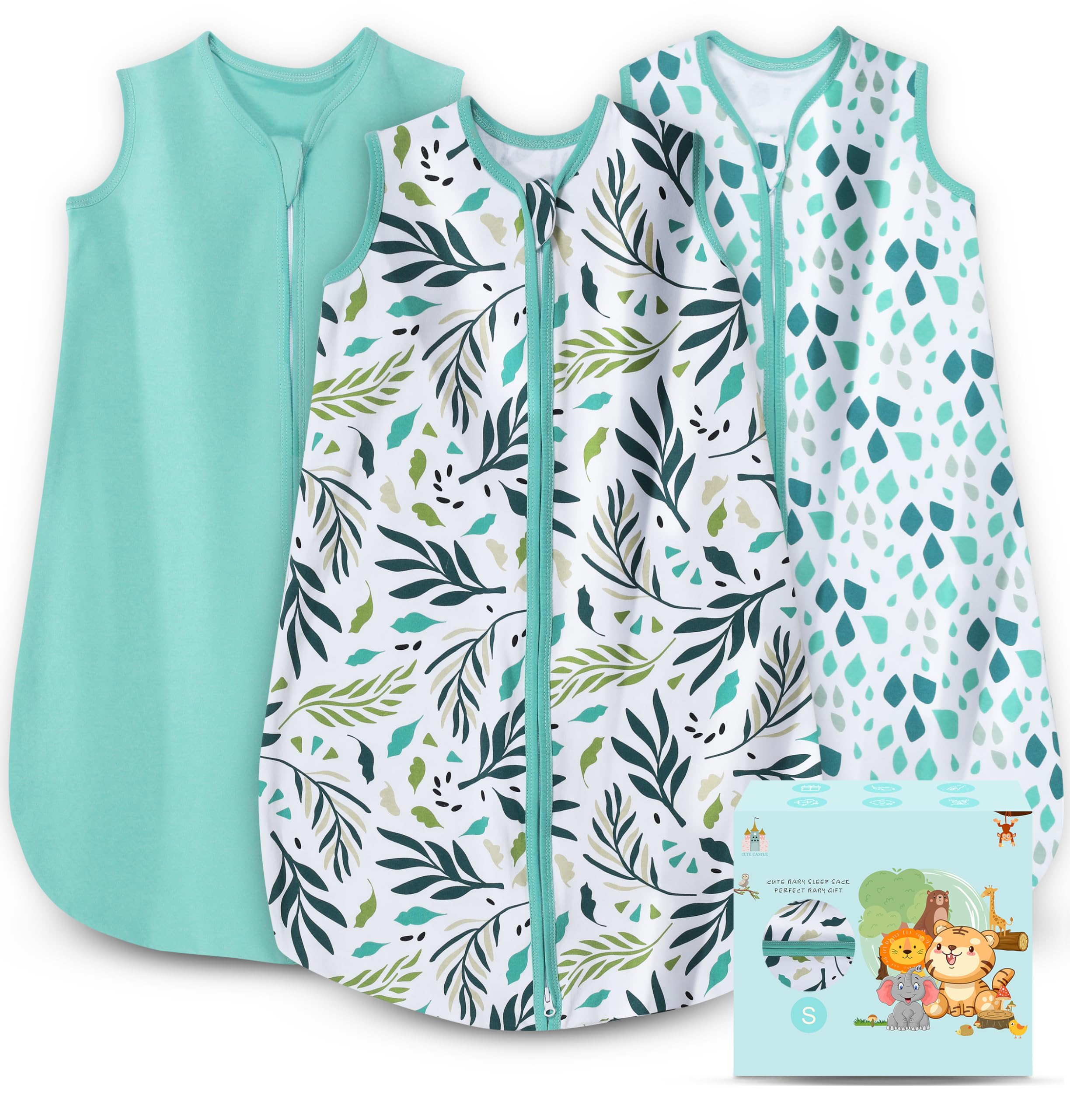 Cute Castle baby sleep sack green pack front view highlighting soft cotton comfort.