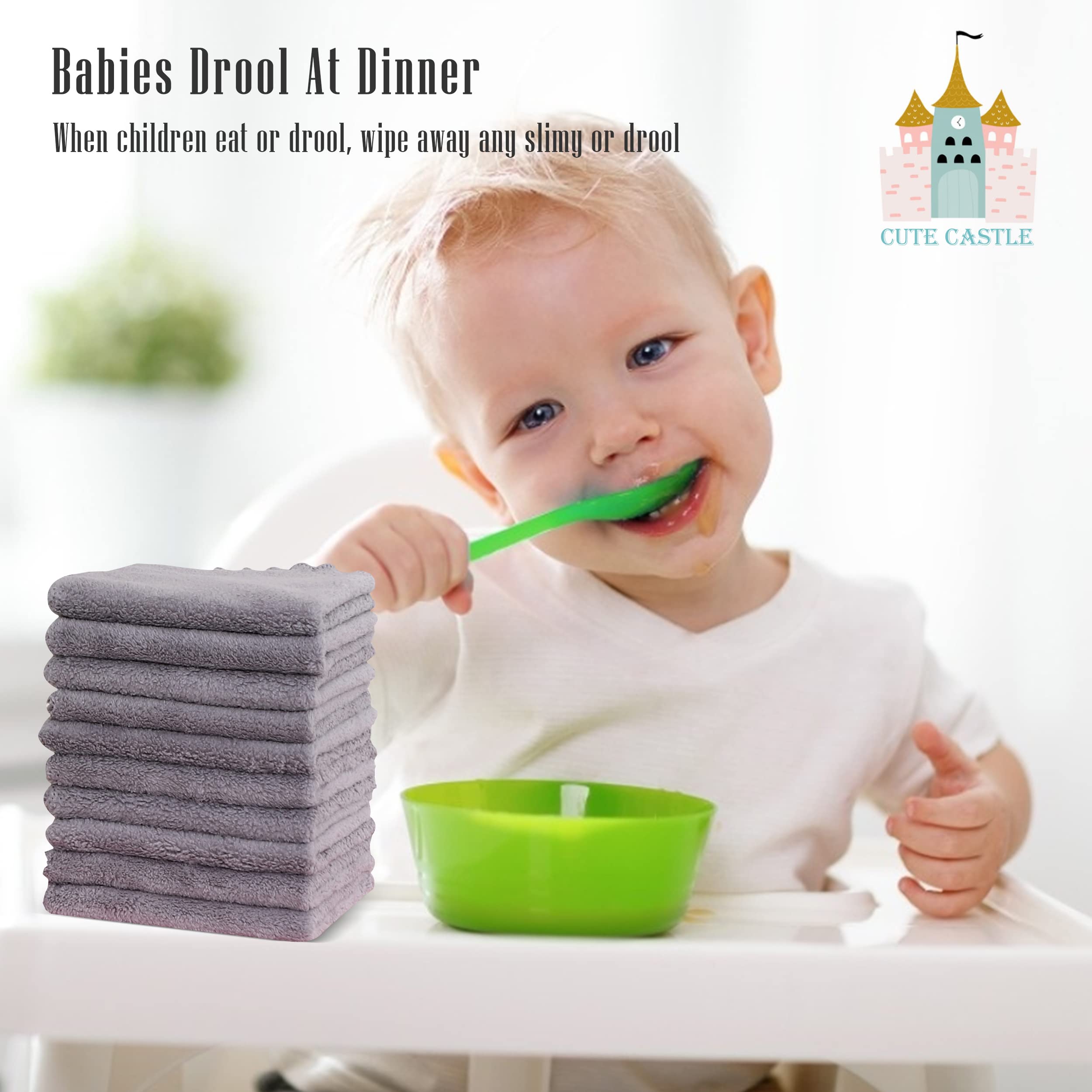 Cute Castle grey washcloths displayed with a baby bottle, highlighting durability.