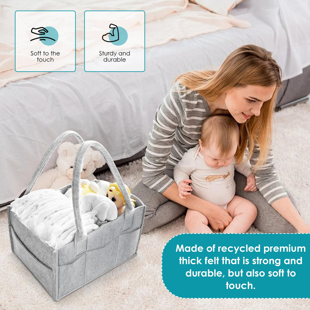 Cute Castle diaper caddy 2-pack on nursery storage alongside essentials