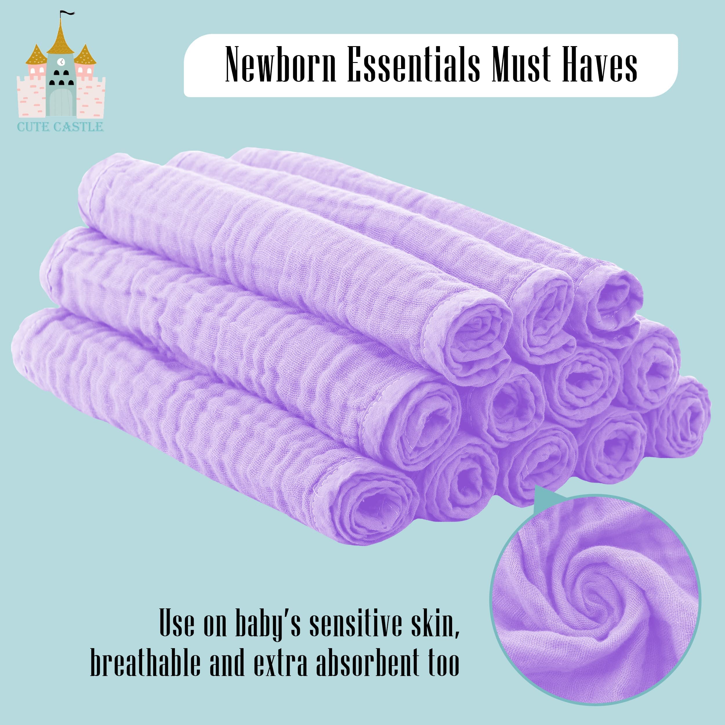 Cute Castle newborn essentials muslin burp cloths for newborn care