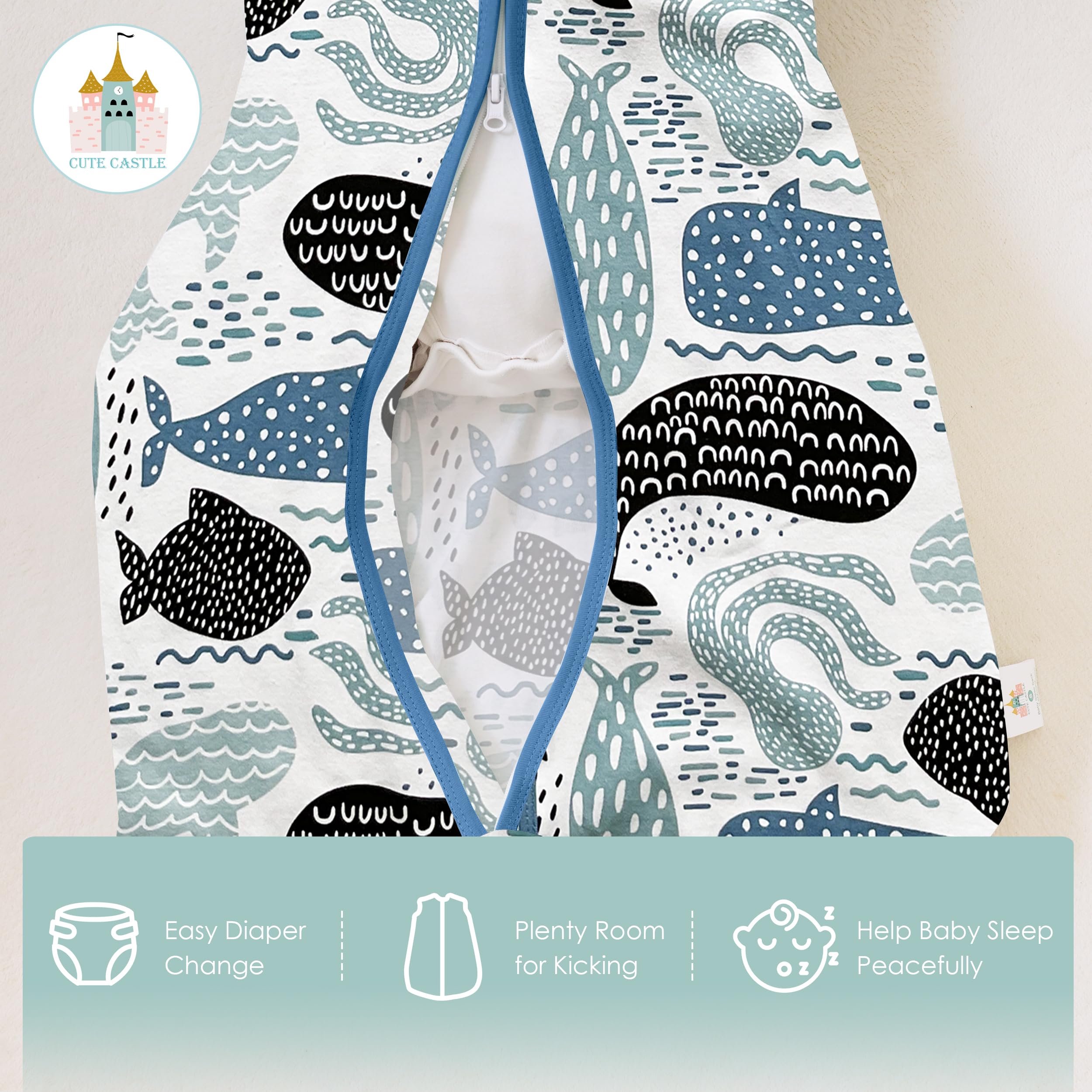 Cute Castle sleep sack blue fabric closeup emphasizes soft cotton.