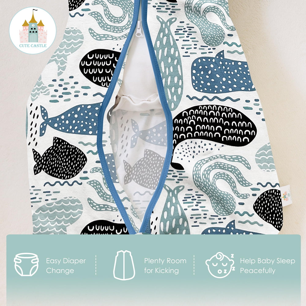 Cute Castle sleep sack blue fabric closeup emphasizes soft cotton.