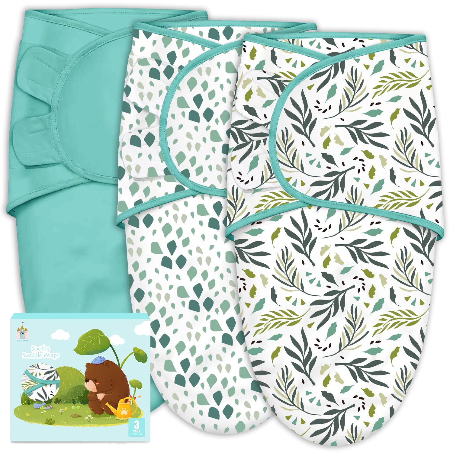 Cute Castle three-pack display shows easy swaddling for calmer newborn nights.
