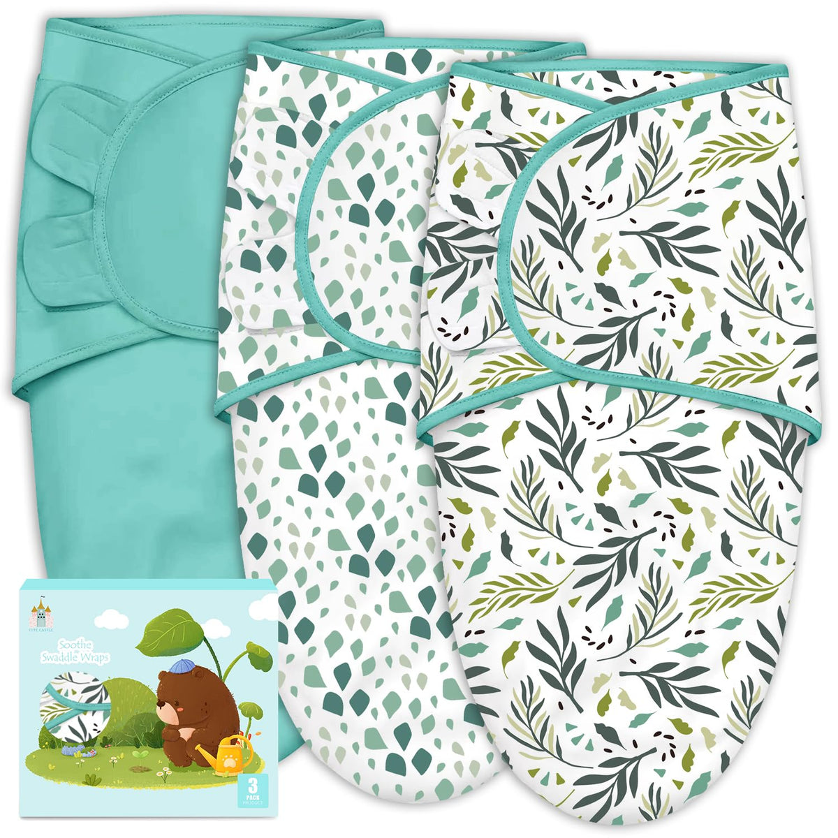 Cute Castle three-pack display shows easy swaddling for calmer newborn nights.