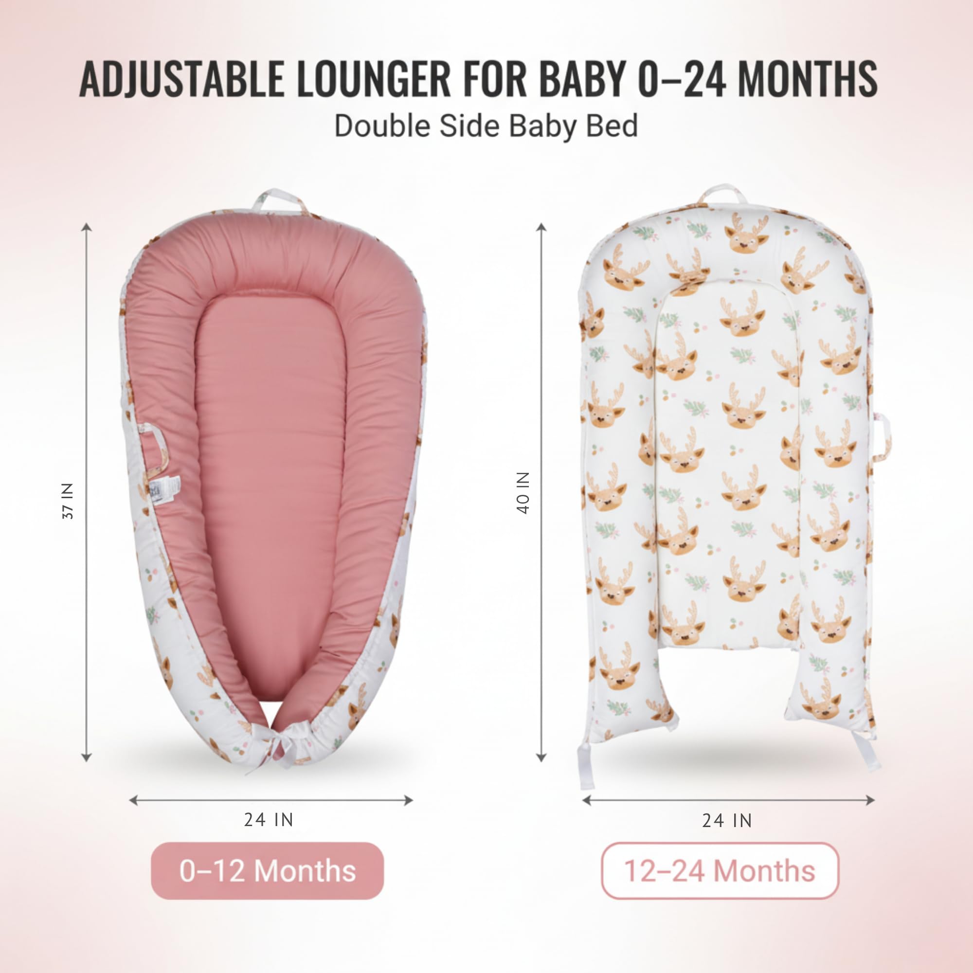 Cute Cuddles baby lounger pink breathable cotton fabric supports cozy, breathable comfort