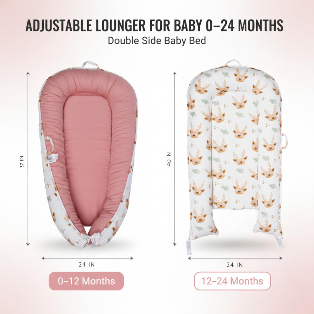 Cute Cuddles baby lounger pink breathable cotton fabric supports cozy, breathable comfort