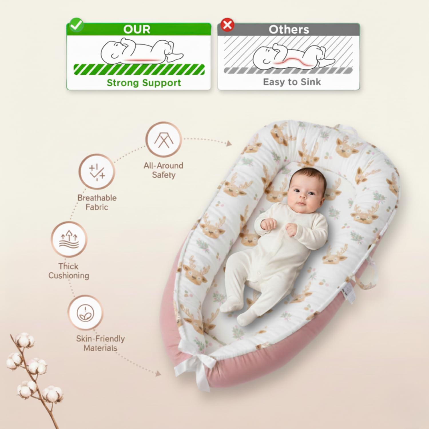 Cute Cuddles baby lounger pink machine-washable cover simplifies cleanup