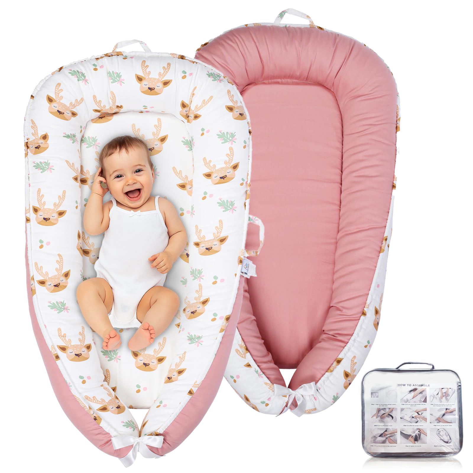 Cute Cuddles baby lounger pink demonstrates safety standards for supervised use