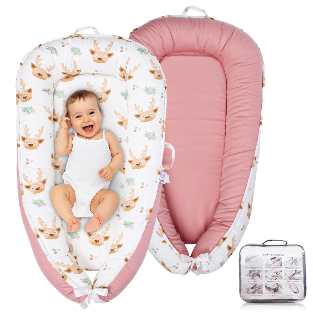 Cute Cuddles baby lounger pink demonstrates safety standards for supervised use