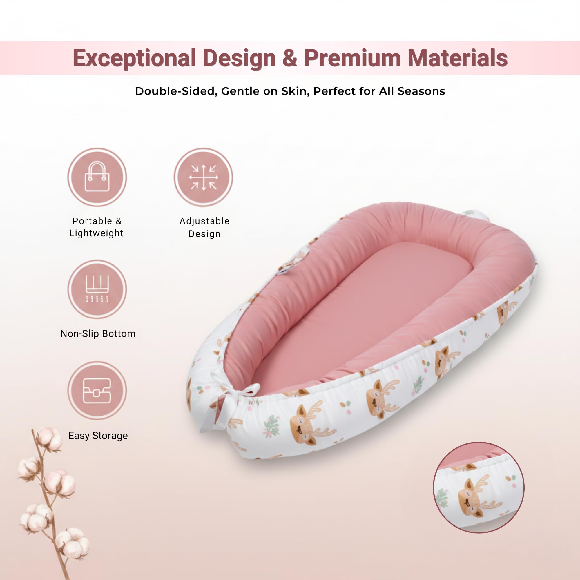 Cute Cuddles baby lounger pink soft fabric provides gentle support