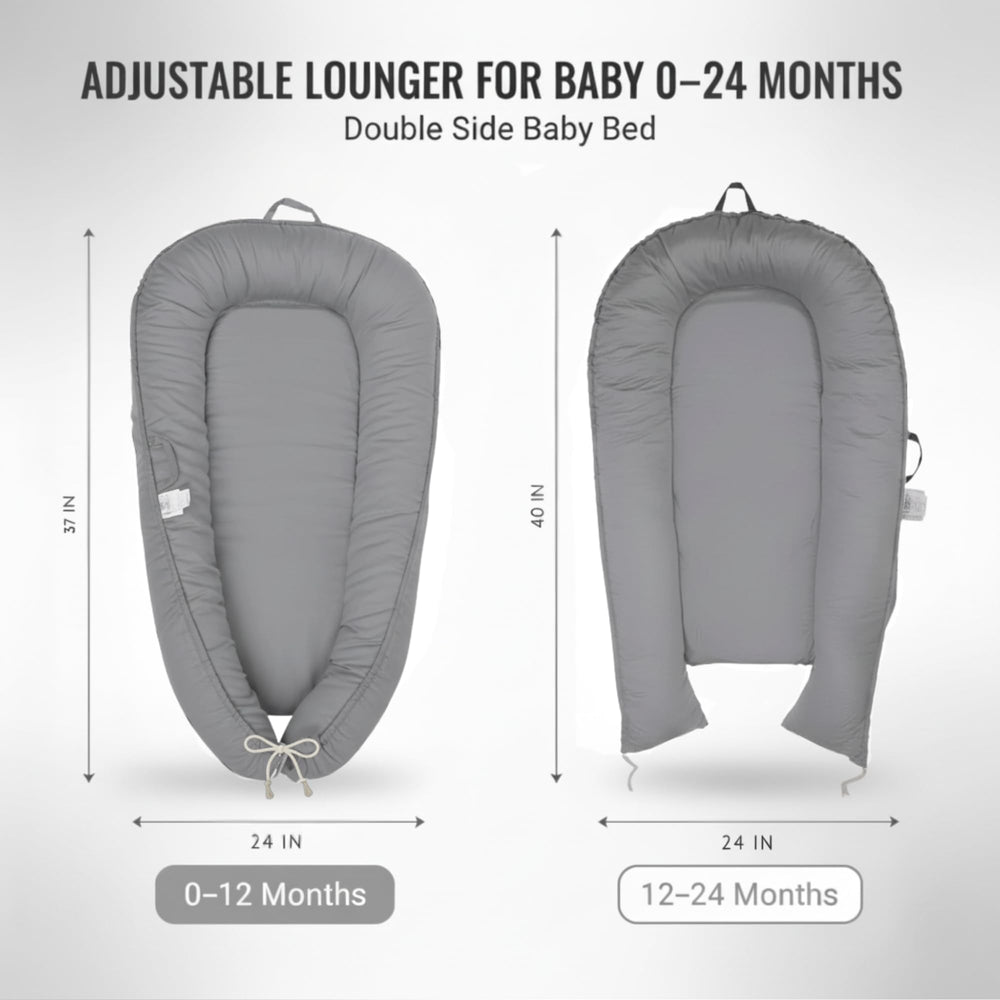 Cute Cuddles infant nest lounger in soft cotton for cozy newborn relaxation.